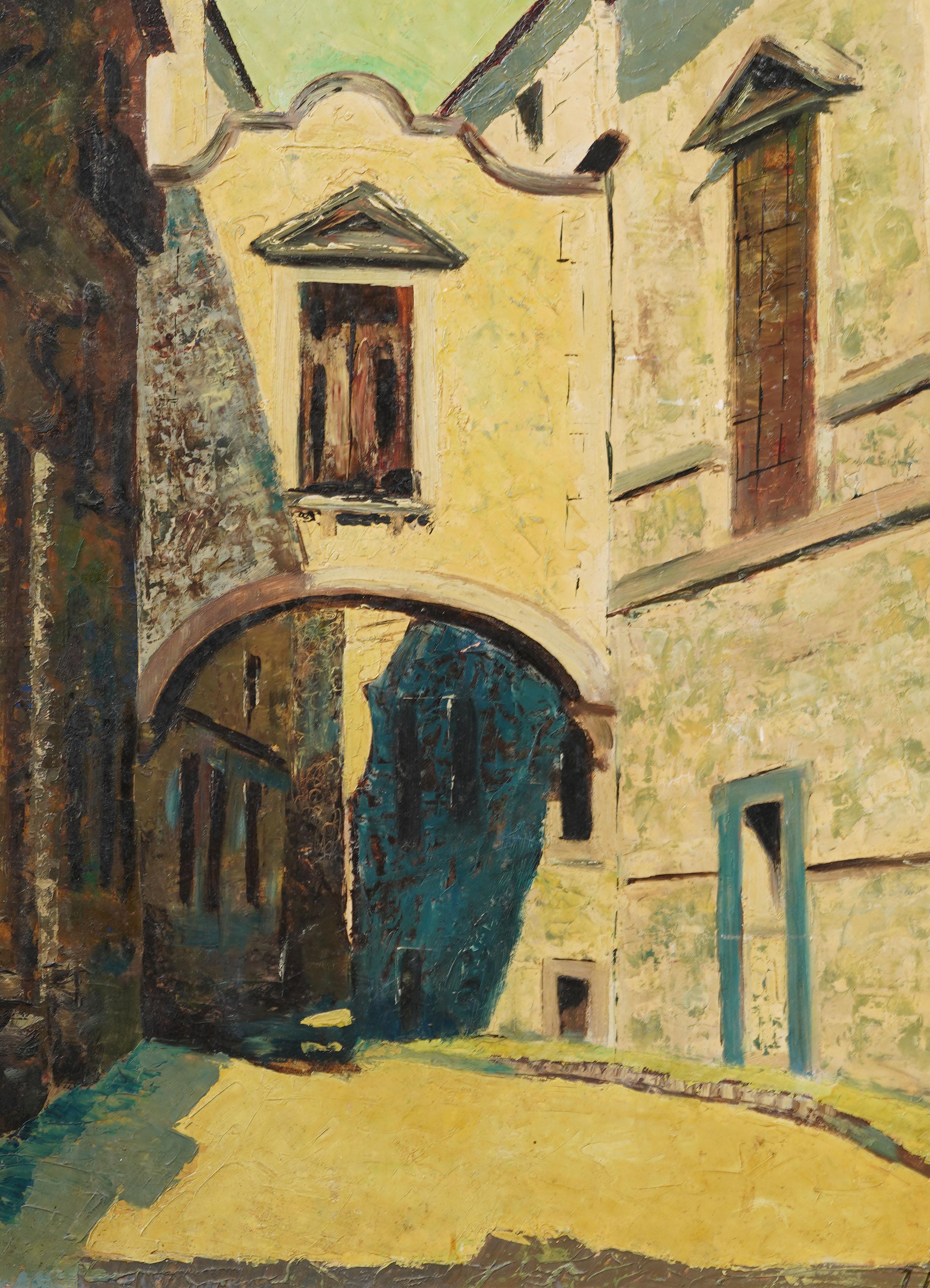 Vintage European Modernist Street Scene Signed Framed Modernist Oil Painting For Sale 3