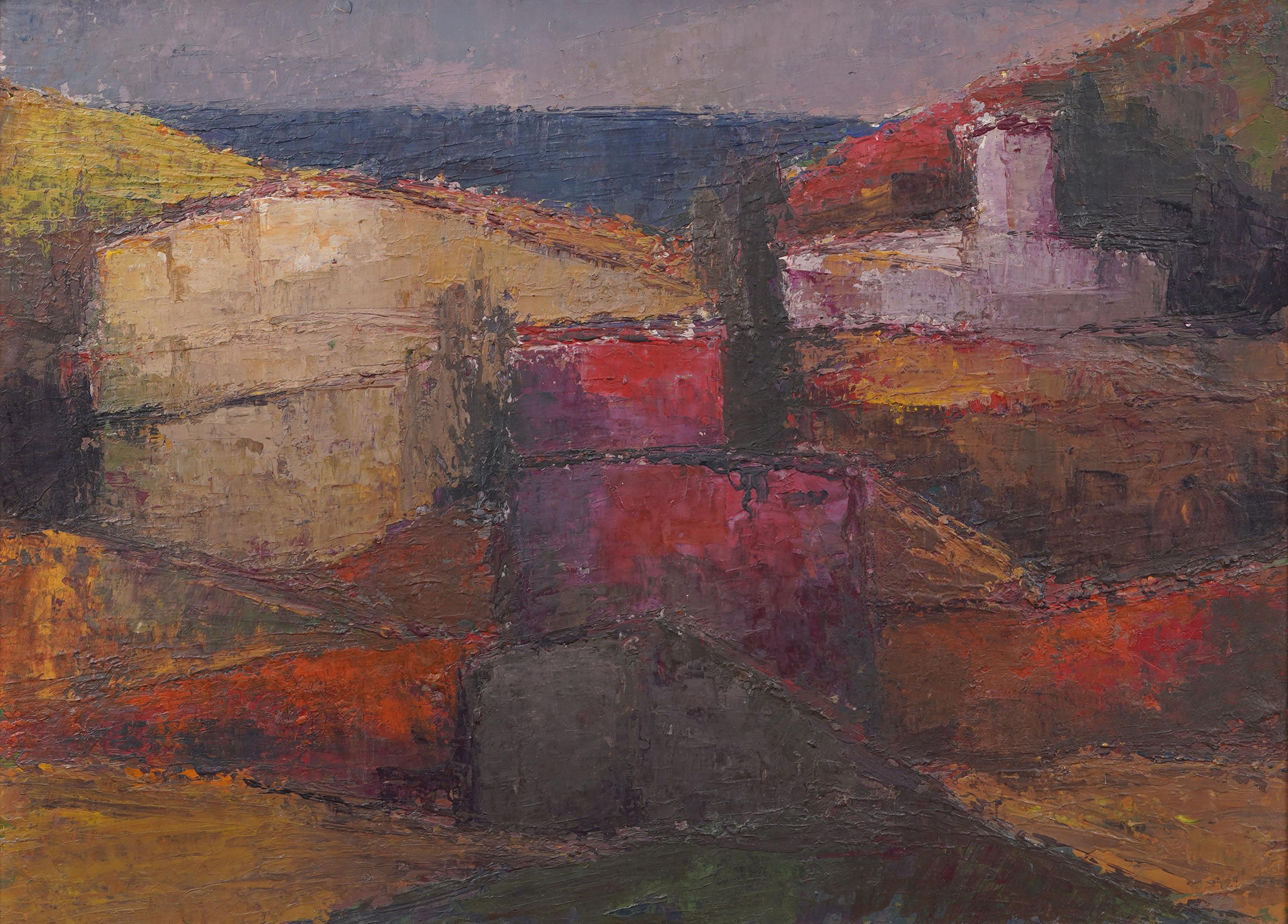 Pintura al óleo enmarcada Paisaje fauvista de aldea modernista europea vintage - Painting Impresionista de Unknown
