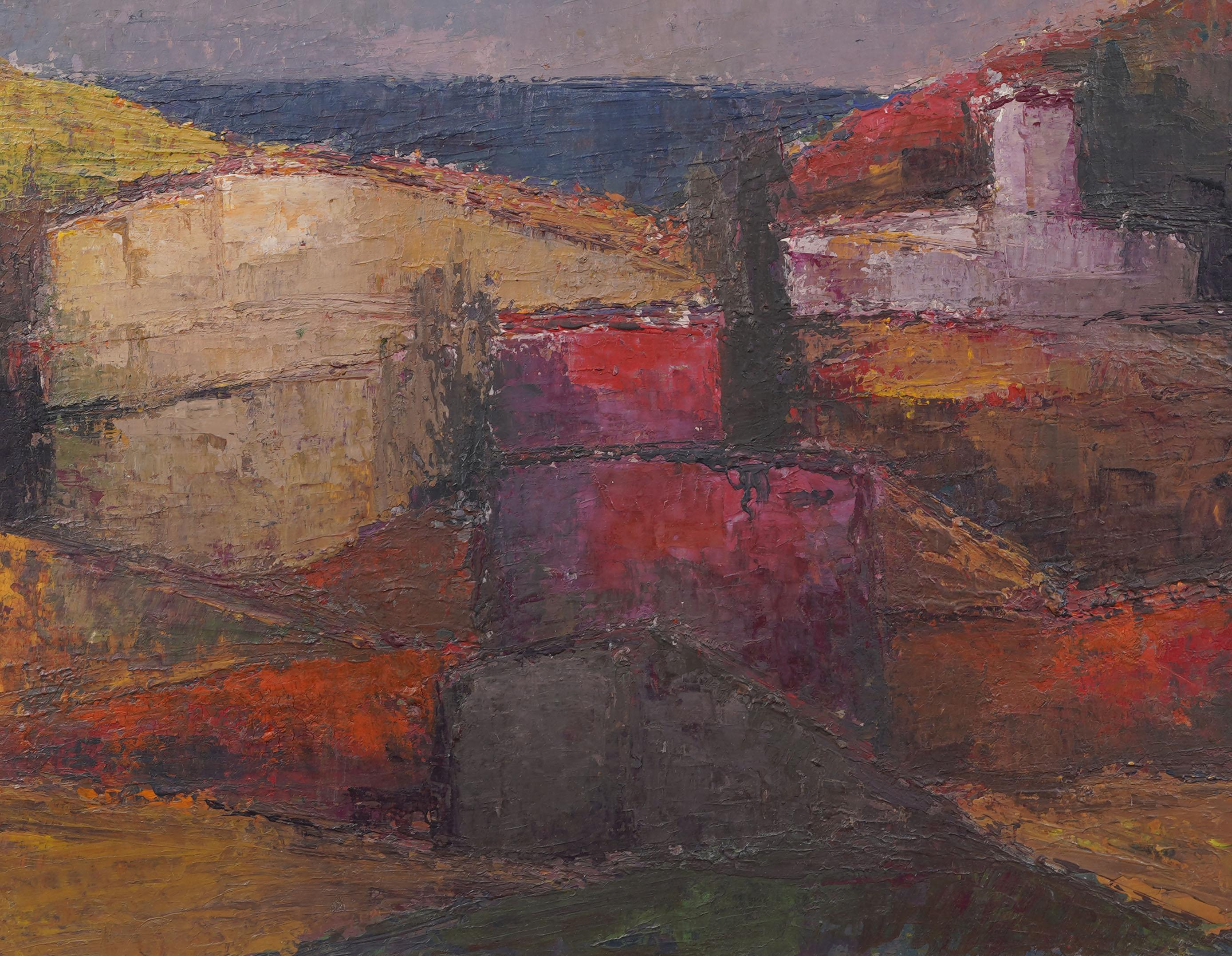 Pintura al óleo enmarcada Paisaje fauvista de aldea modernista europea vintage - Landscape Painting Marrón de Unknown