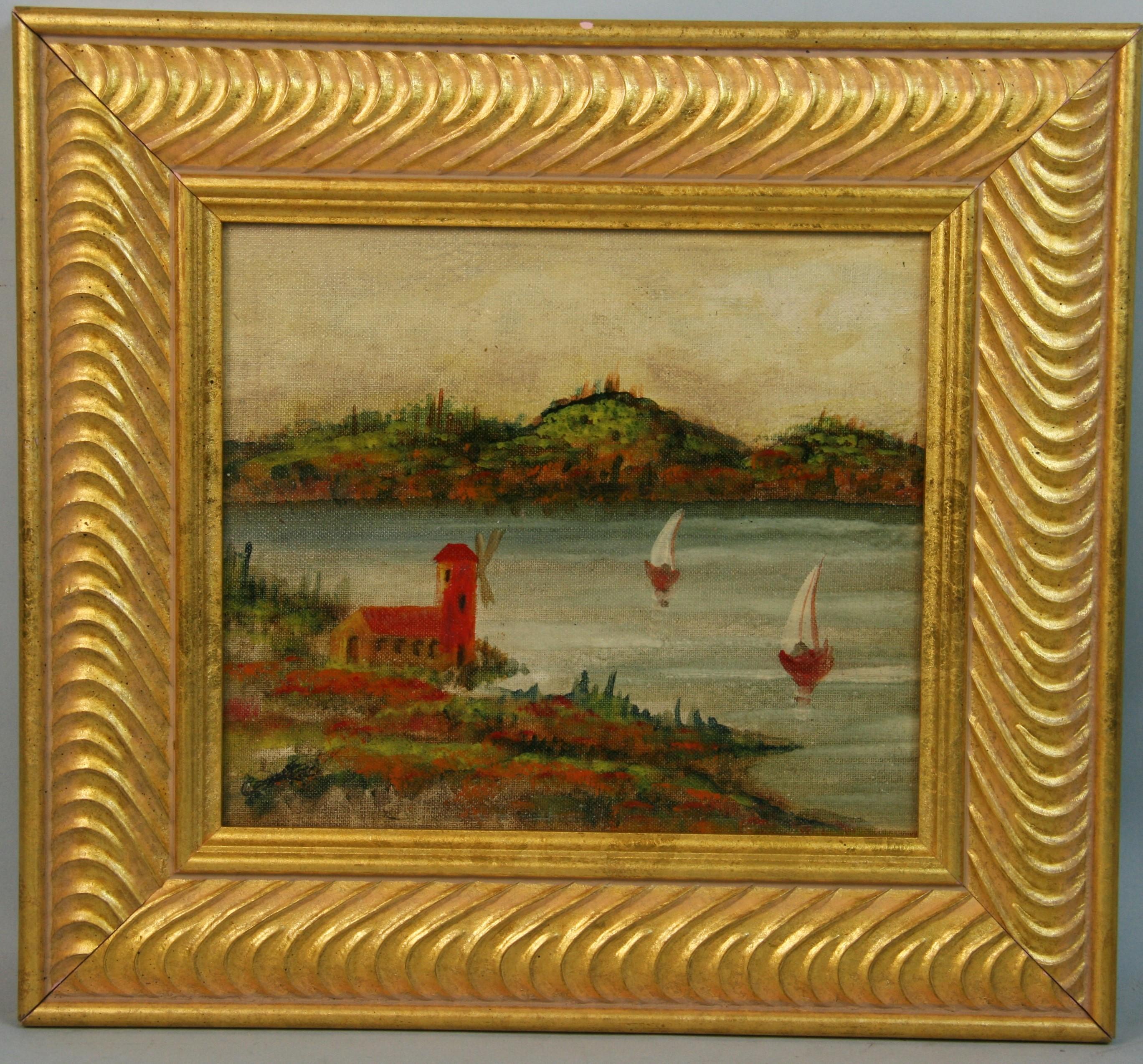 Europäische Segellandschaft mit Flussblick, 1950 – Painting von Unknown