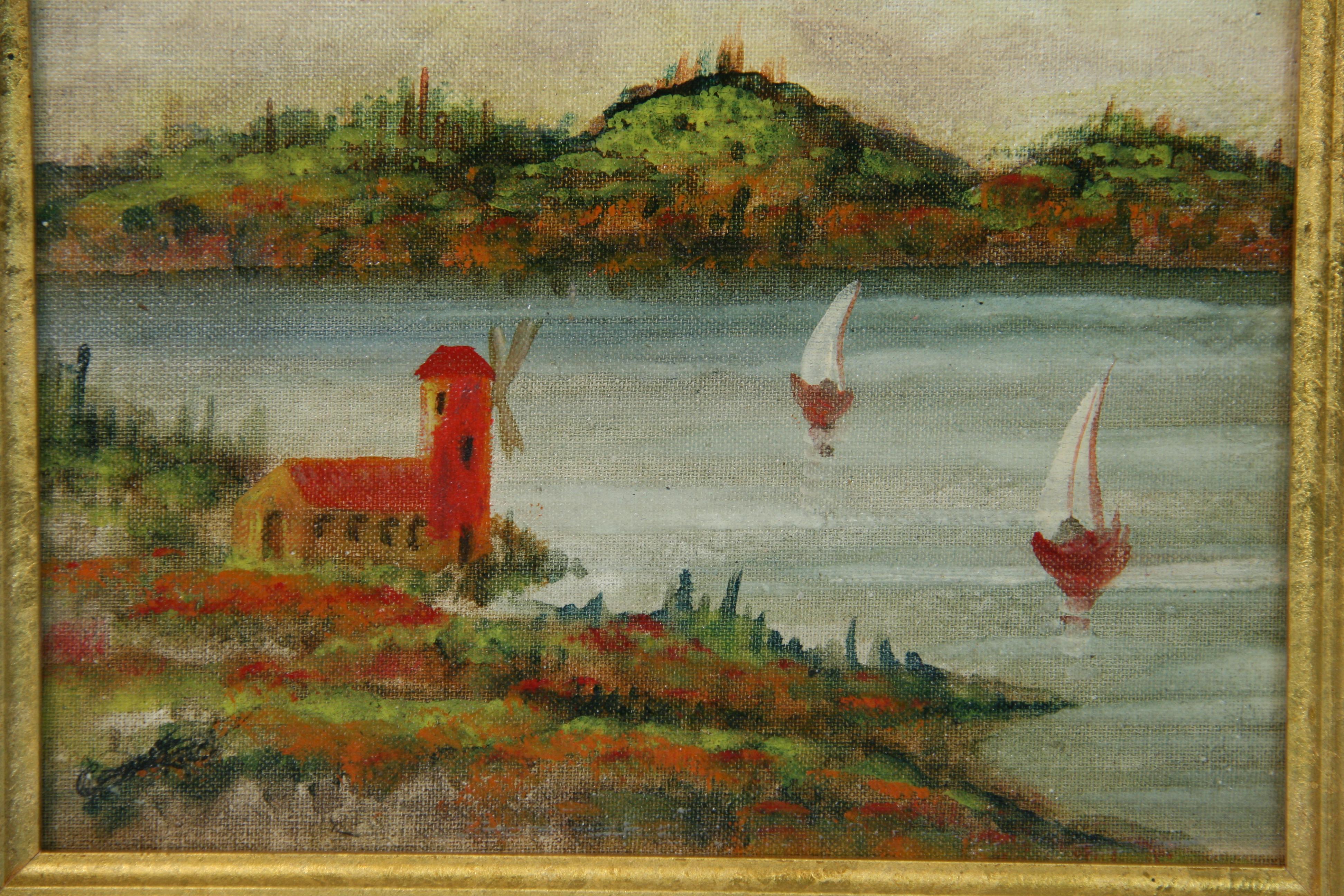5045 Vintage river view sailing landscape painting.
Set in  a custom gilt wood frame. Image size 7.75x8.75