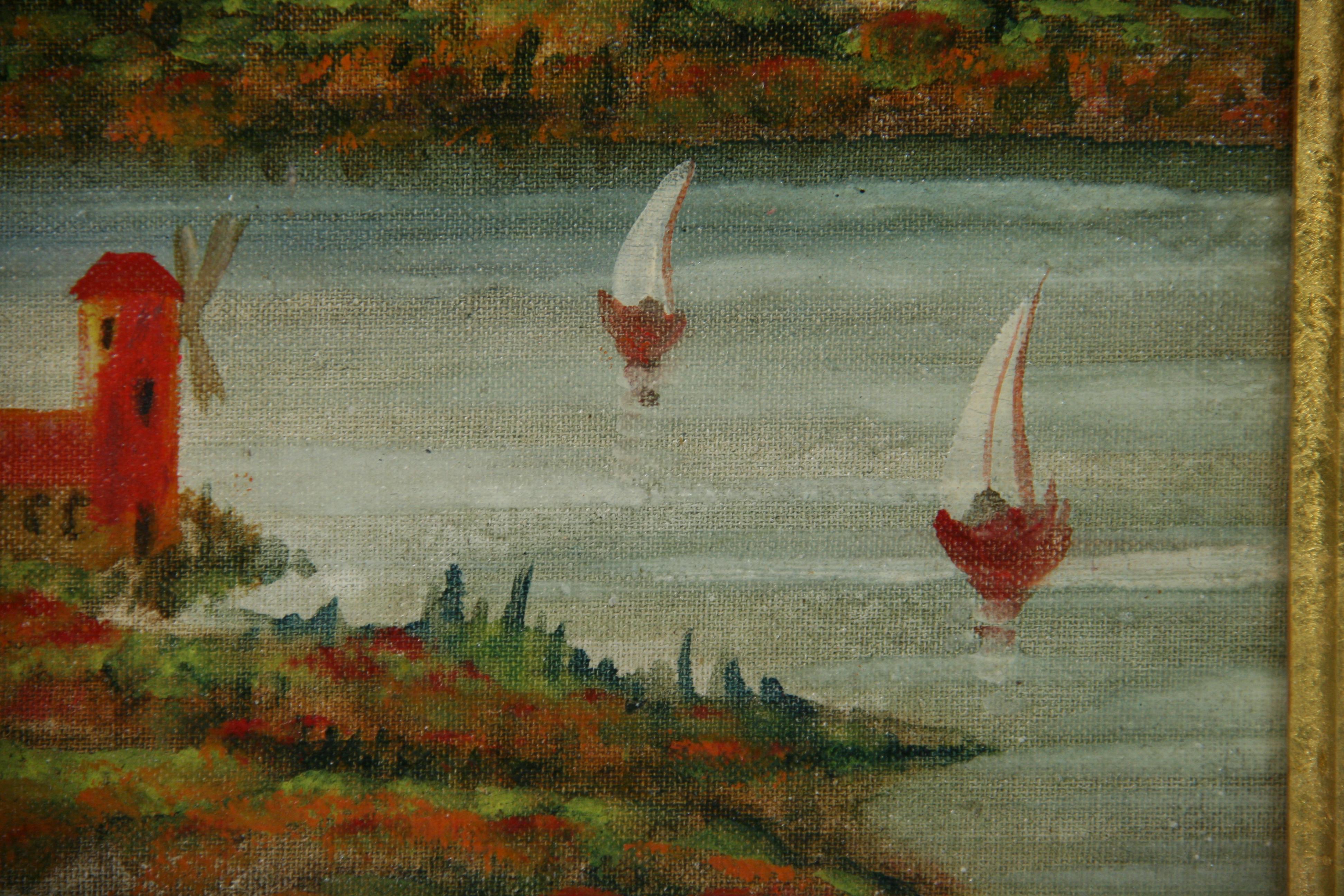 Vieux paysage de voile à bord de rivière européenne, 1950 en vente 2