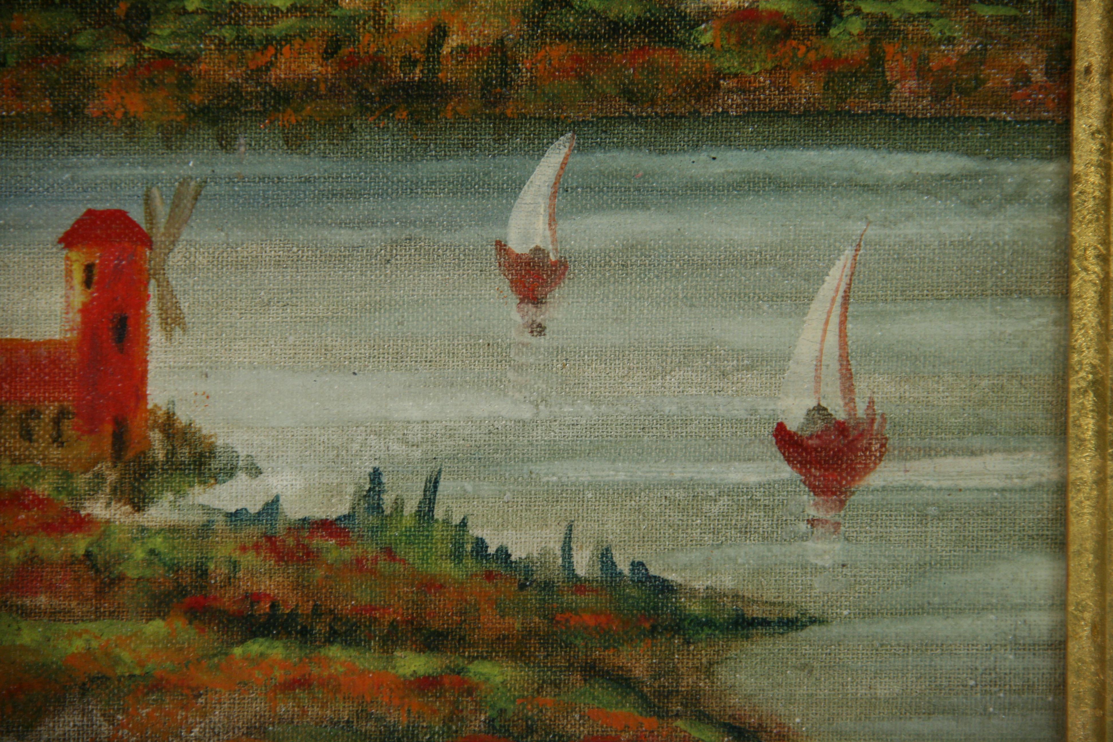 Vintage European River View Sailing Landscape 1950 For Sale 1