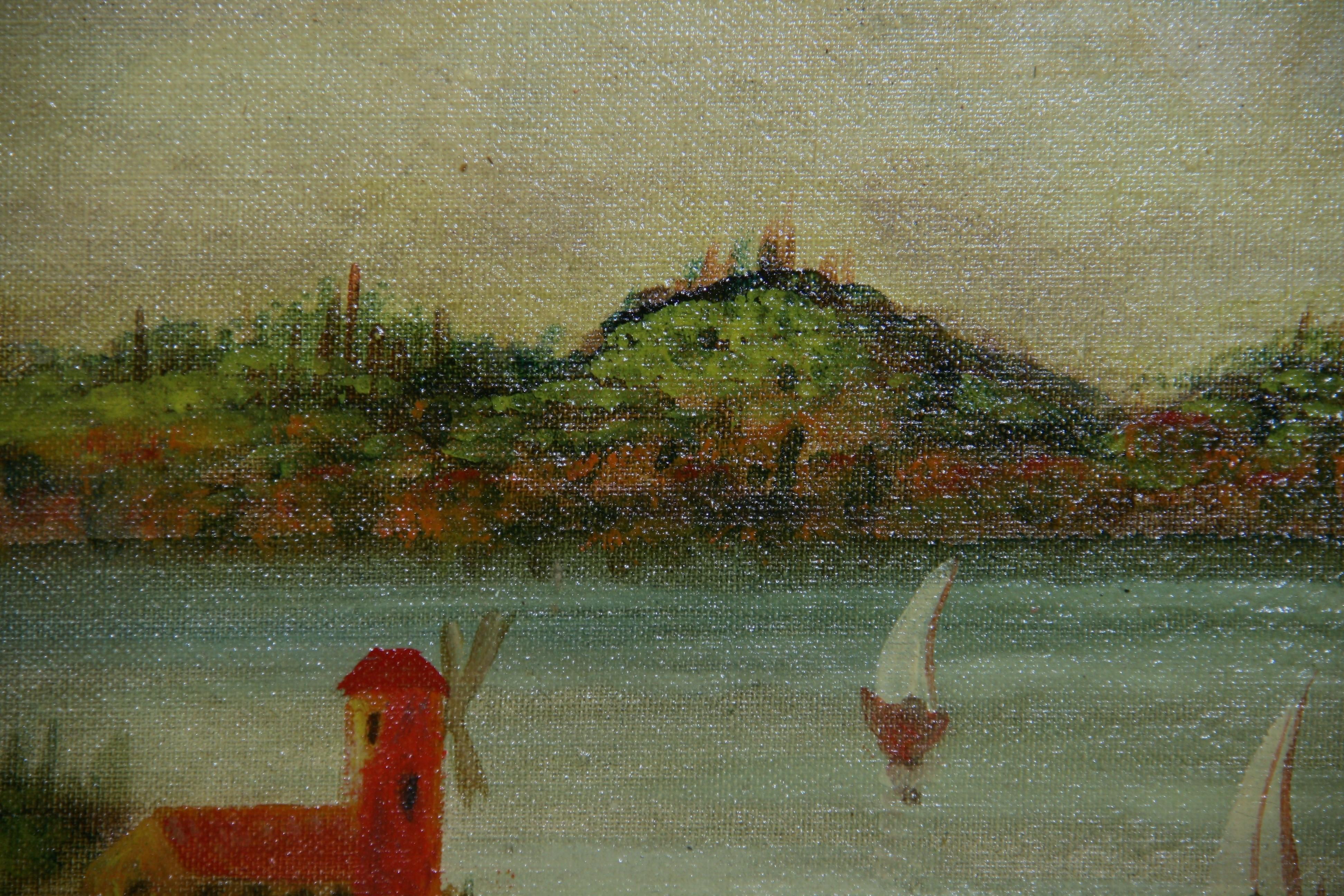 Vintage European River View Sailing Landscape 1950 For Sale 2