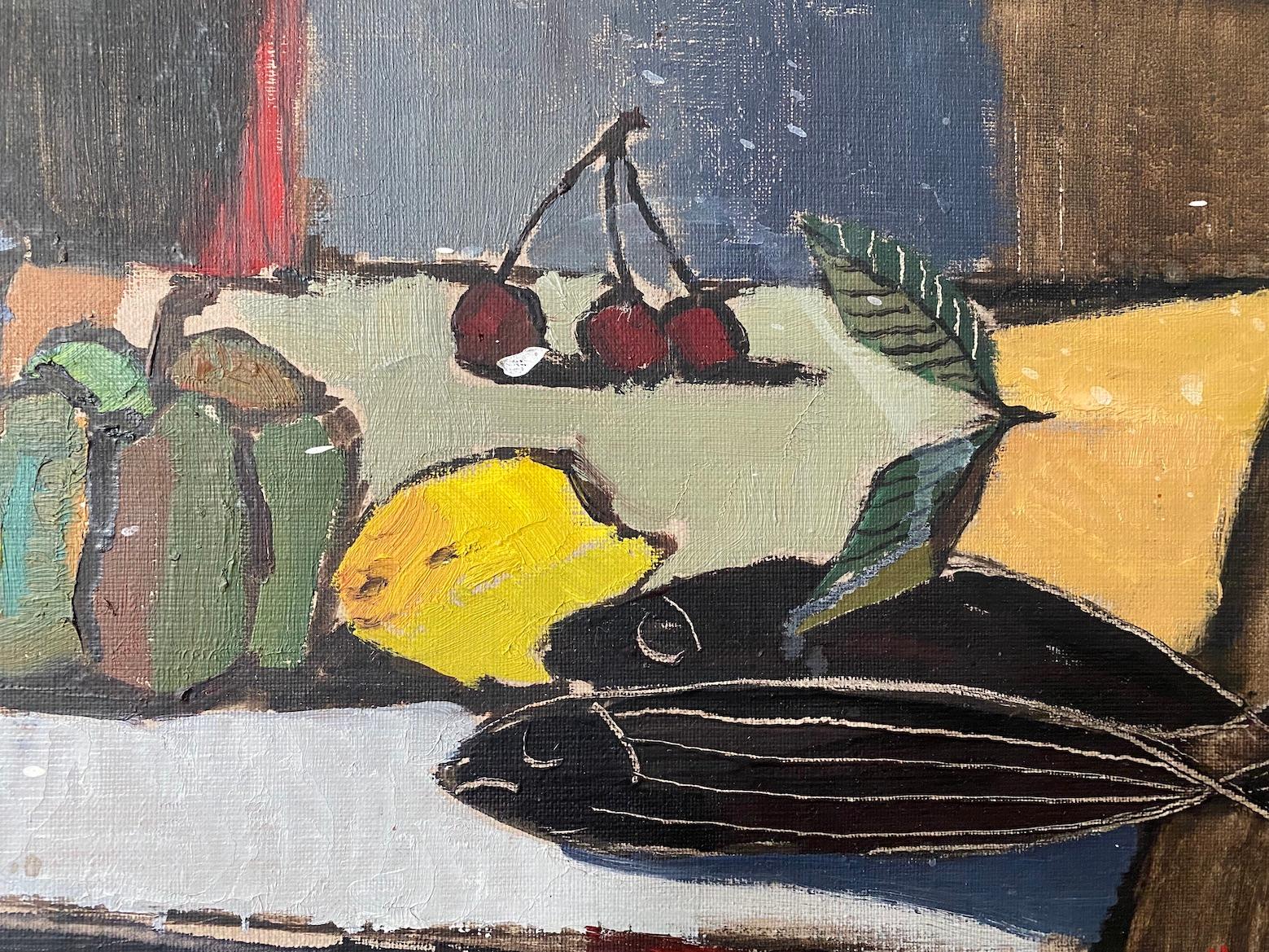 STILL LIFE WITH FISH
Oil on Board
Size:  35 x 55 cm (including frame)


A striking and well-executed still life composition painted in a modernist manner, and dated 1952.

Placed atop a table and against a well-coloured backdrop sit an interesting
