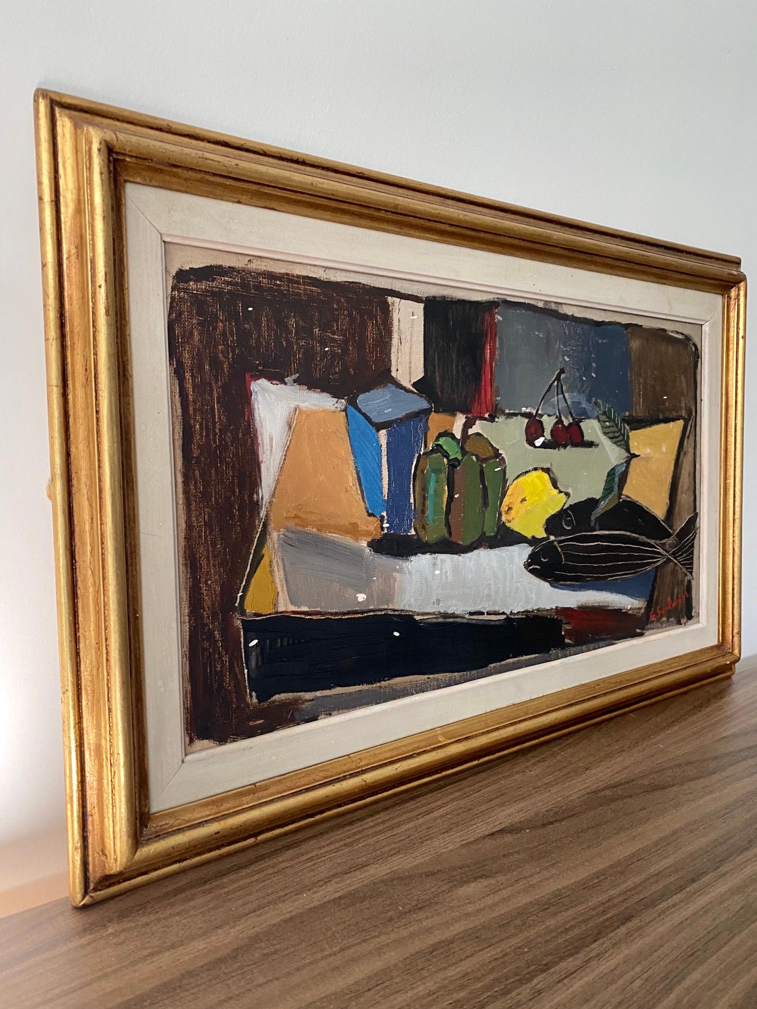 Vintage Expressionist Swedish Framed Oil Painting - Still Life with Fish 2