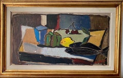 Retro Expressionist Swedish Framed Oil Painting - Still Life with Fish