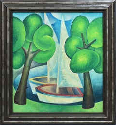 Vintage Fauvist Sailboat and Park Landscape Signed Martinez Oil Painting