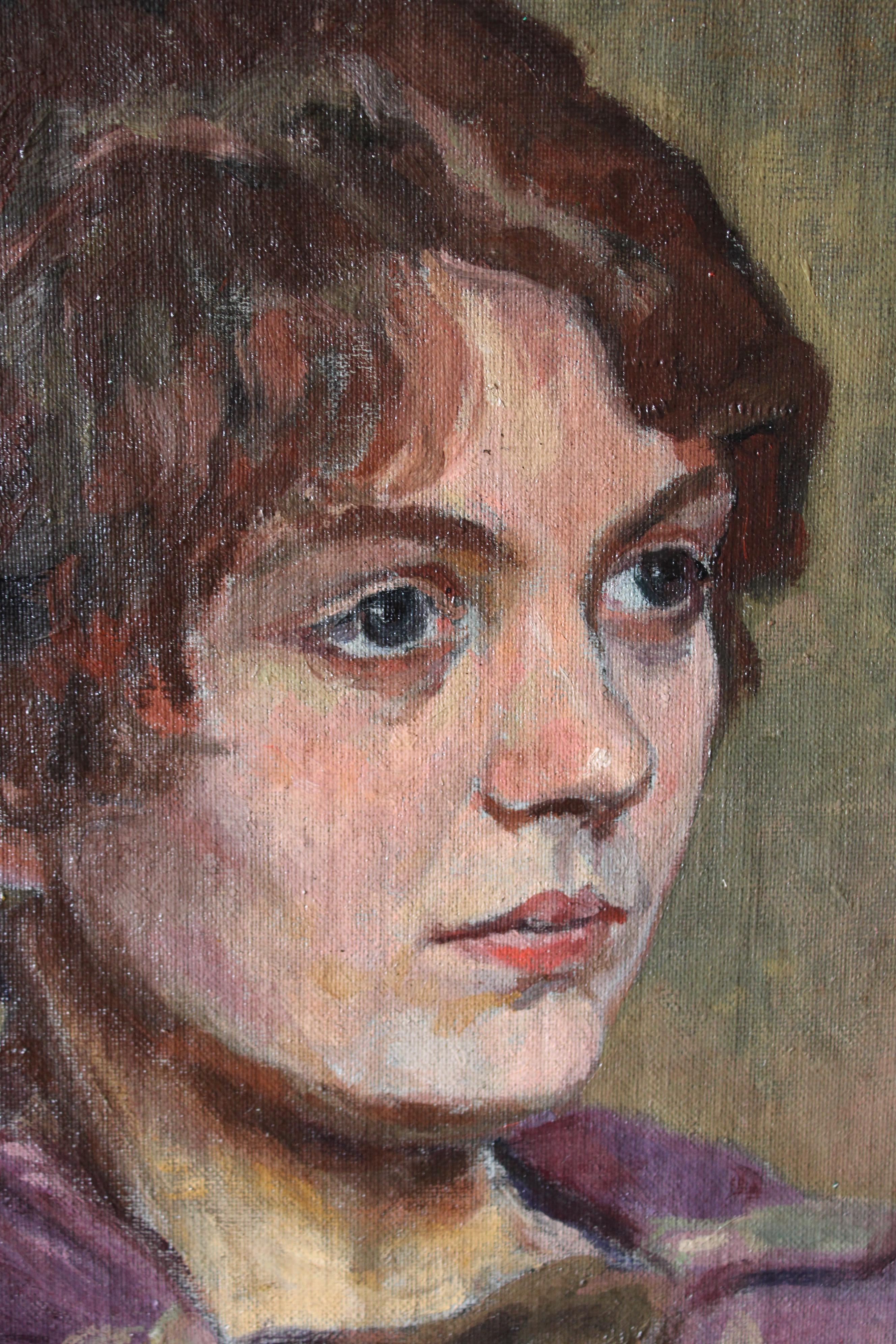 Vintage Frau Porträt Ölgemälde weibliche Porträt Dame Porträt Original-Ölgemälde Vintage stimmungsvolle impressionistische Porträt Ölgemälde auf Leinwand.

Vintage Öl impressionistischen Porträt Ölgemälde einer Frau auf Leinwand mit einem lila /