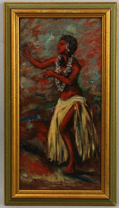 Vintage Figurative Oil Painting  Hawaiian Female Dancer 1968