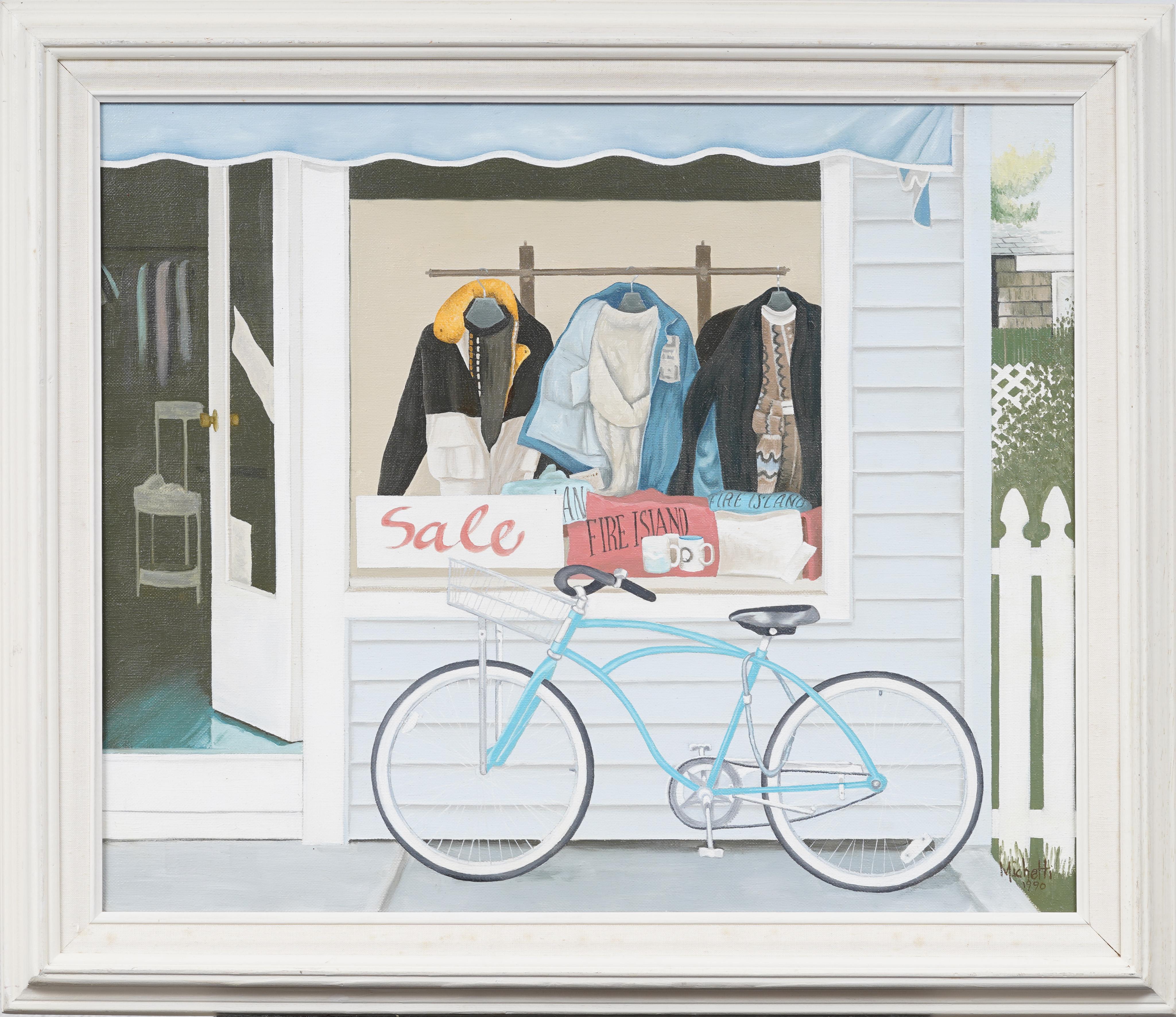 Vintage Fire Island Bike Shop Realist Street Scene Framed Original Oil Painting - Gray Landscape Painting by Unknown