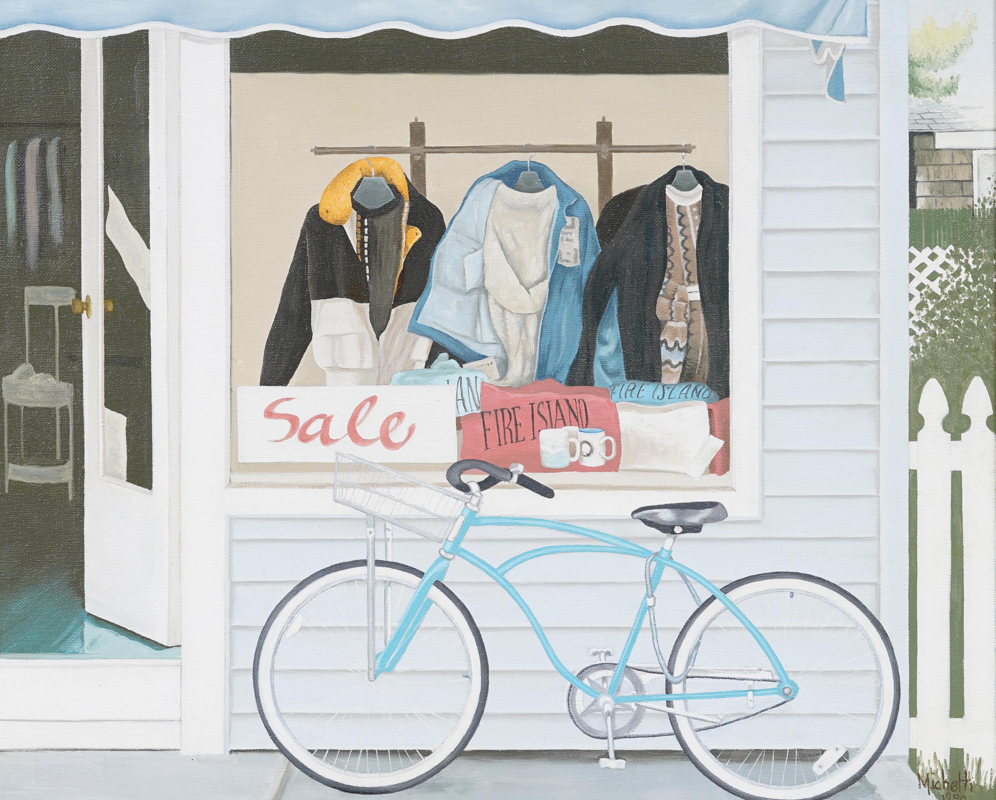 Vintage Fire Island Bike Shop Realist Street Scene Framed Original Oil Painting For Sale 1