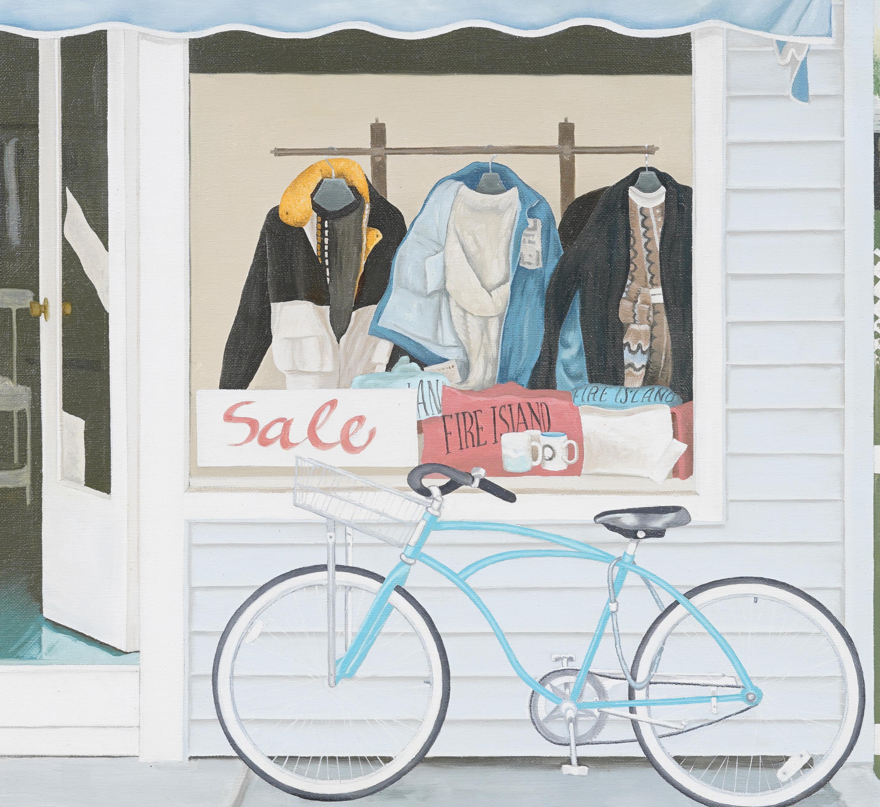 Vintage Fire Island Bike Shop Realist Street Scene Framed Original Oil Painting For Sale 2