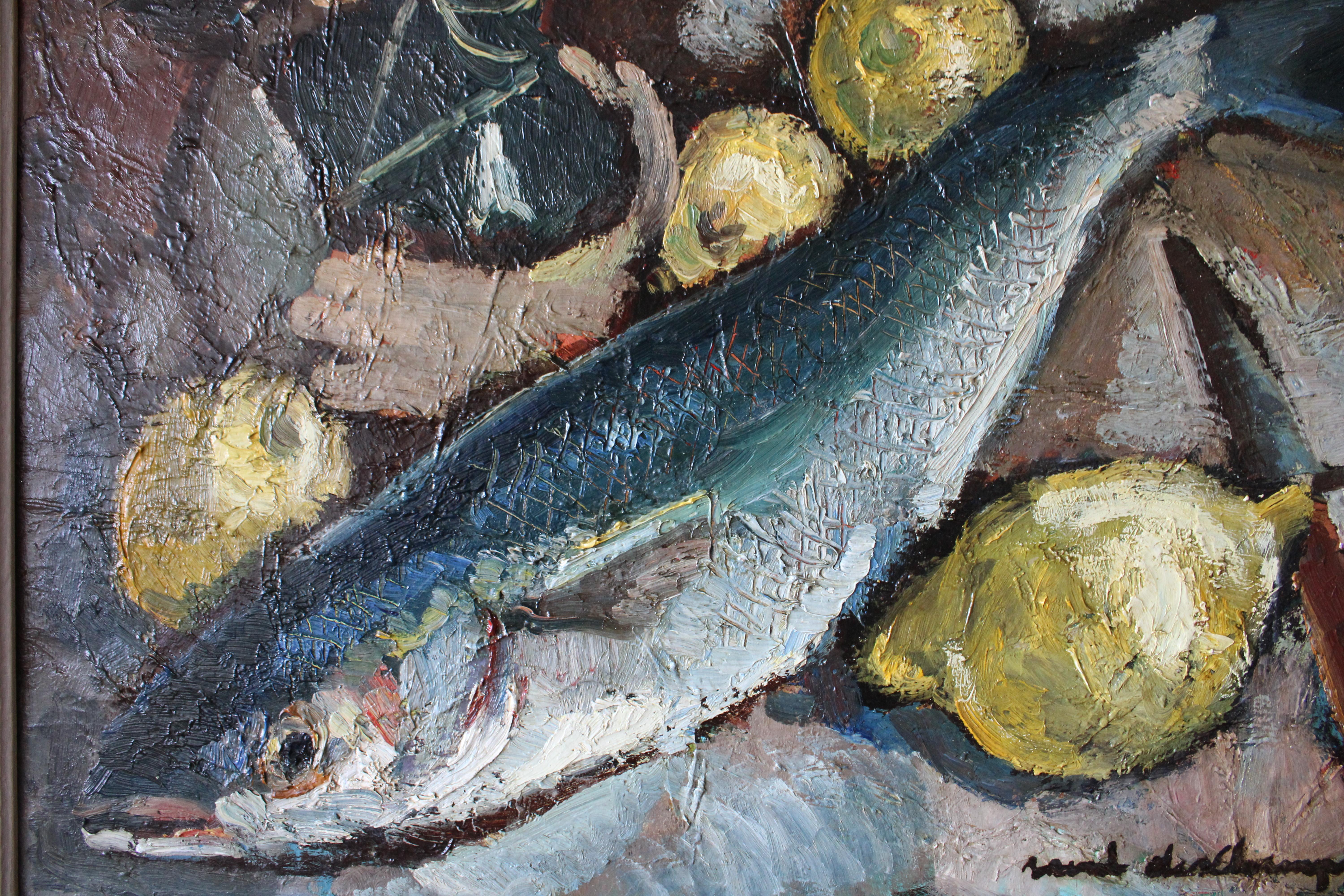Vintage Fisch Stillleben Ölgemälde Fisch und Zitronen große Mitte des Jahrhunderts Malerei im Angebot 5