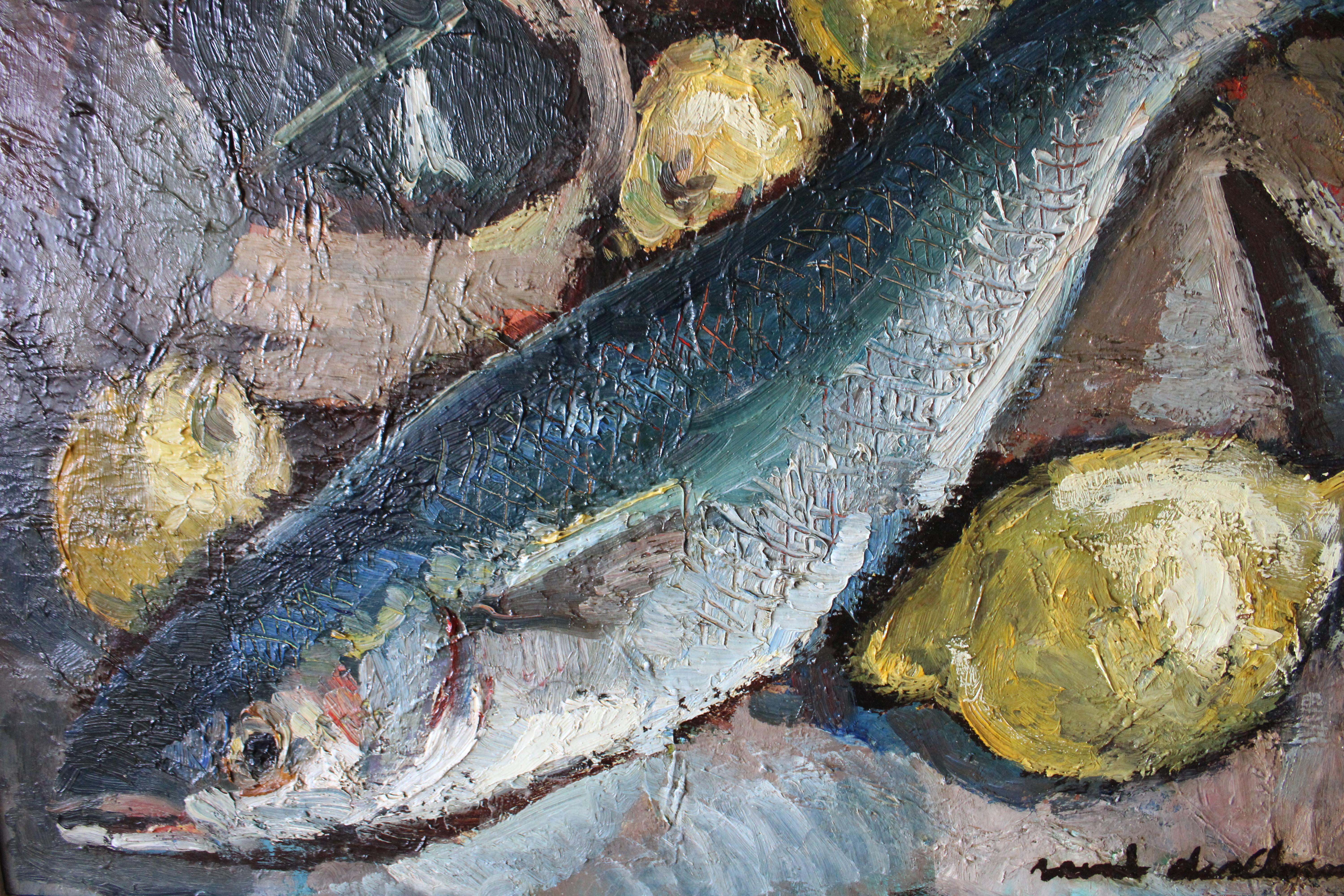 Vintage Fisch Stillleben Ölgemälde Fisch und Zitronen große Mitte des Jahrhunderts Malerei im Angebot 6