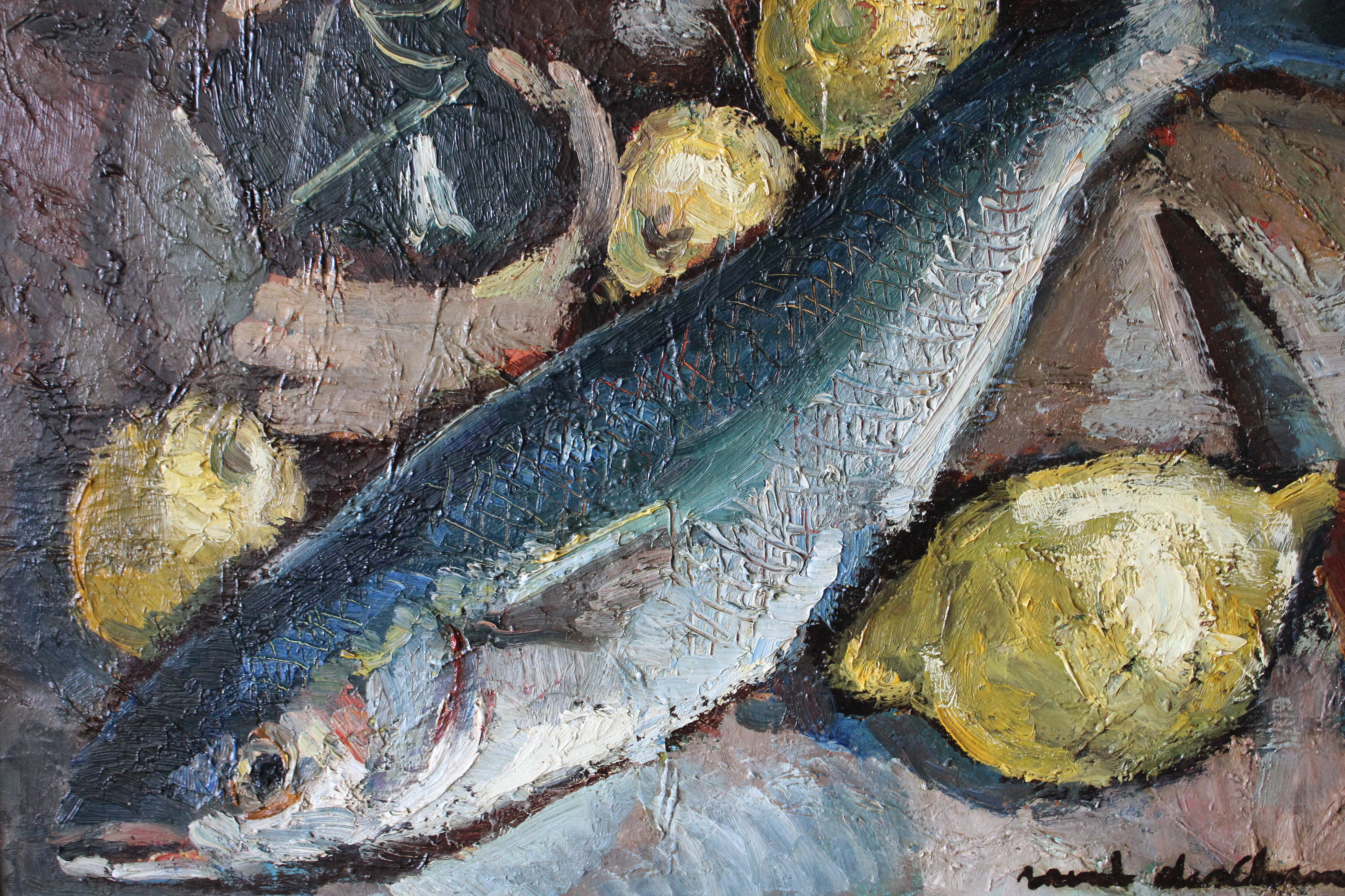 Vintage Fisch Stillleben Ölgemälde Fisch und Zitronen große Mitte des Jahrhunderts Malerei – Painting von Unknown