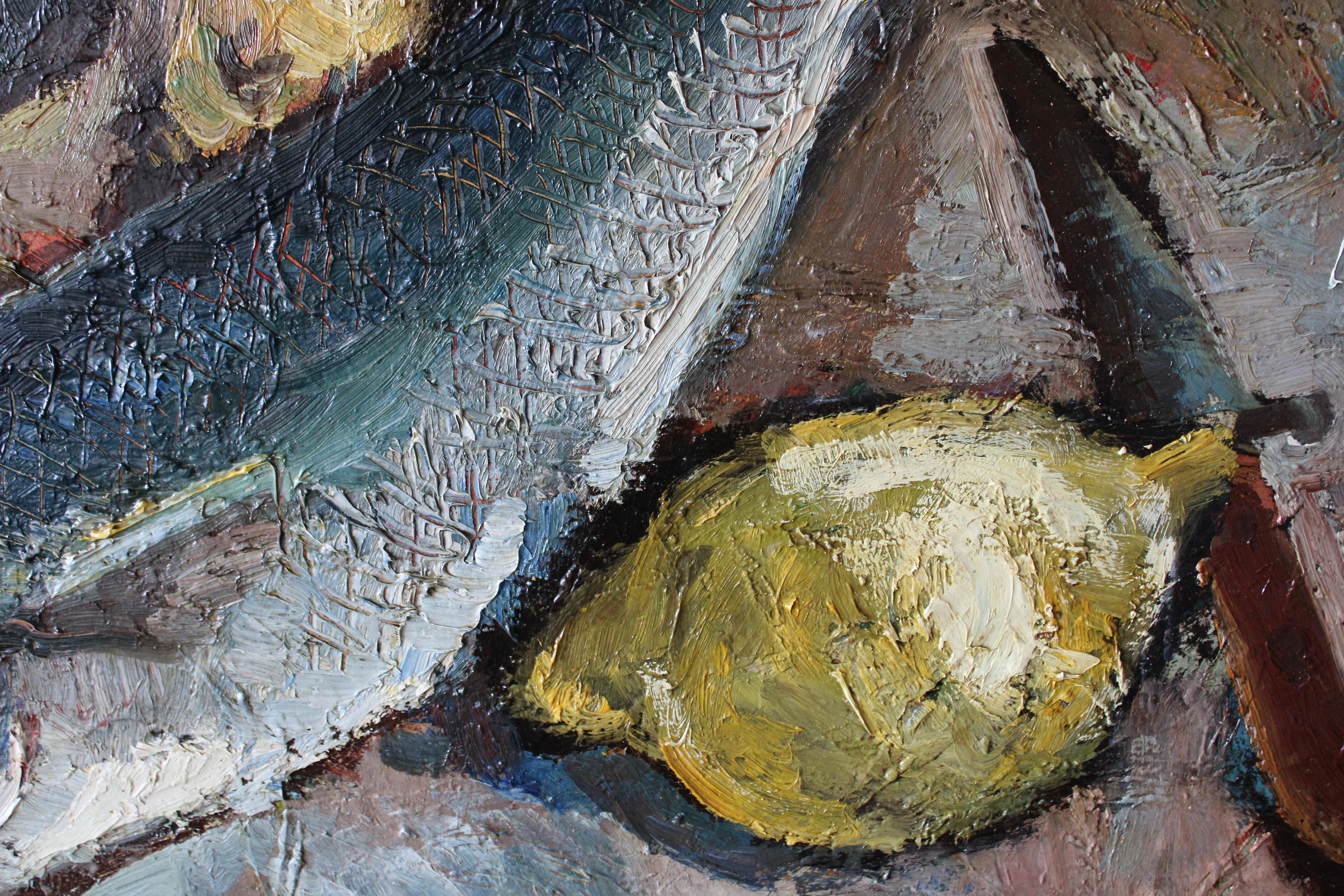 Vintage Fisch Stillleben Ölgemälde Fisch und Zitronen große Mitte des Jahrhunderts Malerei (Französische Schule), Painting, von Unknown