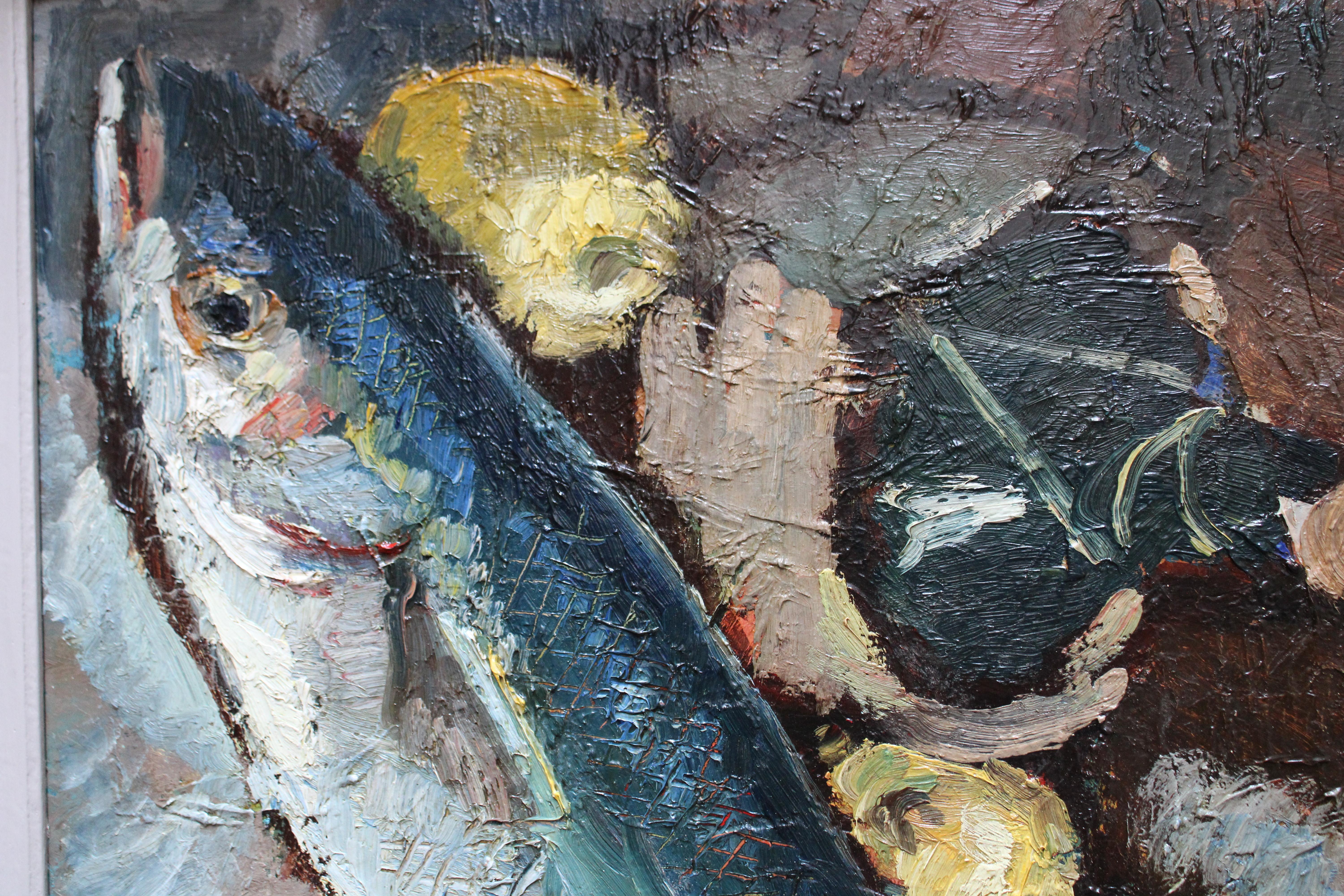 Vintage Fisch Stillleben Ölgemälde Fisch und Zitronen große Mitte des Jahrhunderts Malerei (Grau), Still-Life Painting, von Unknown