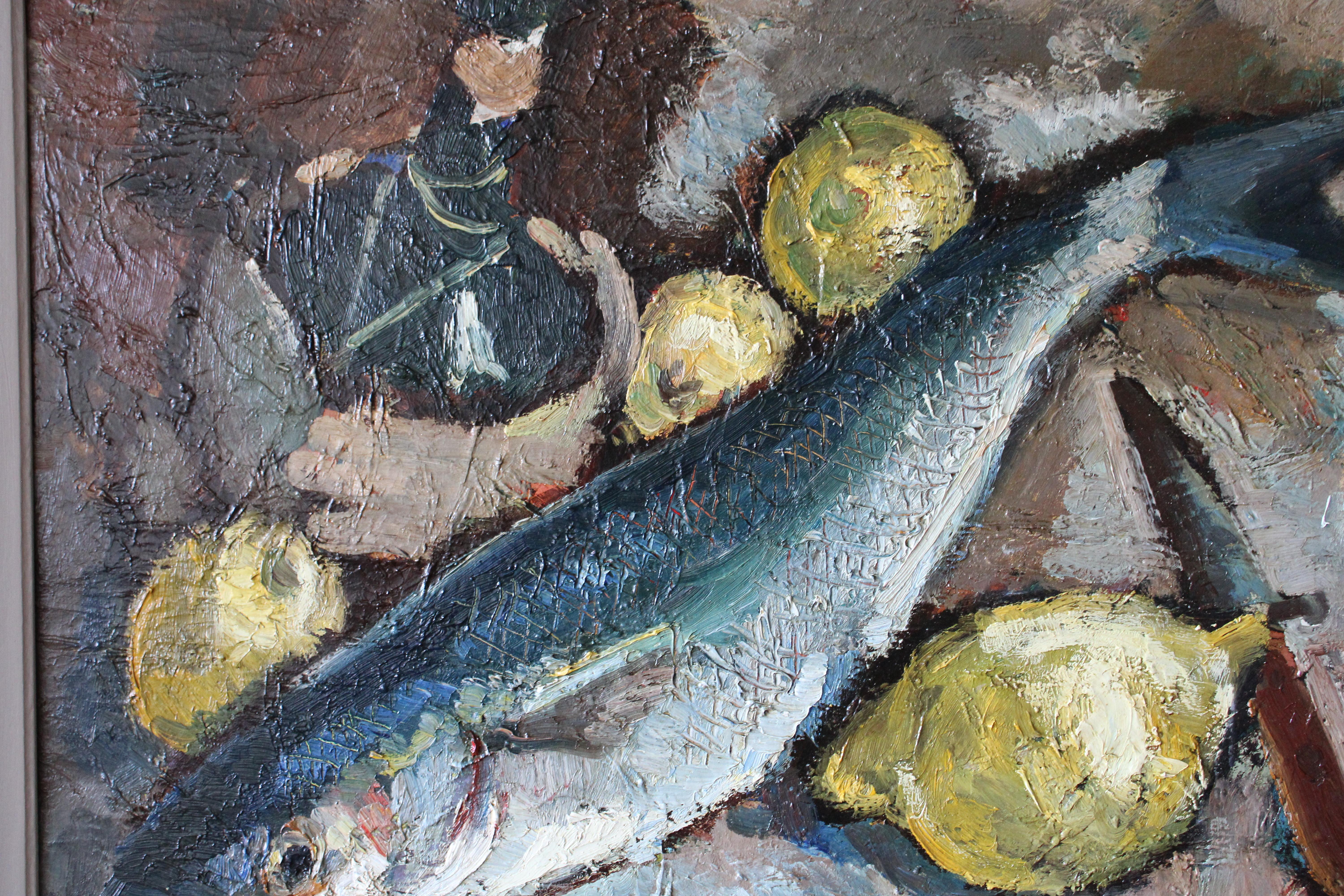 Vintage Fisch Stillleben Ölgemälde Fisch und Zitronen große Mitte des Jahrhunderts Malerei im Angebot 1