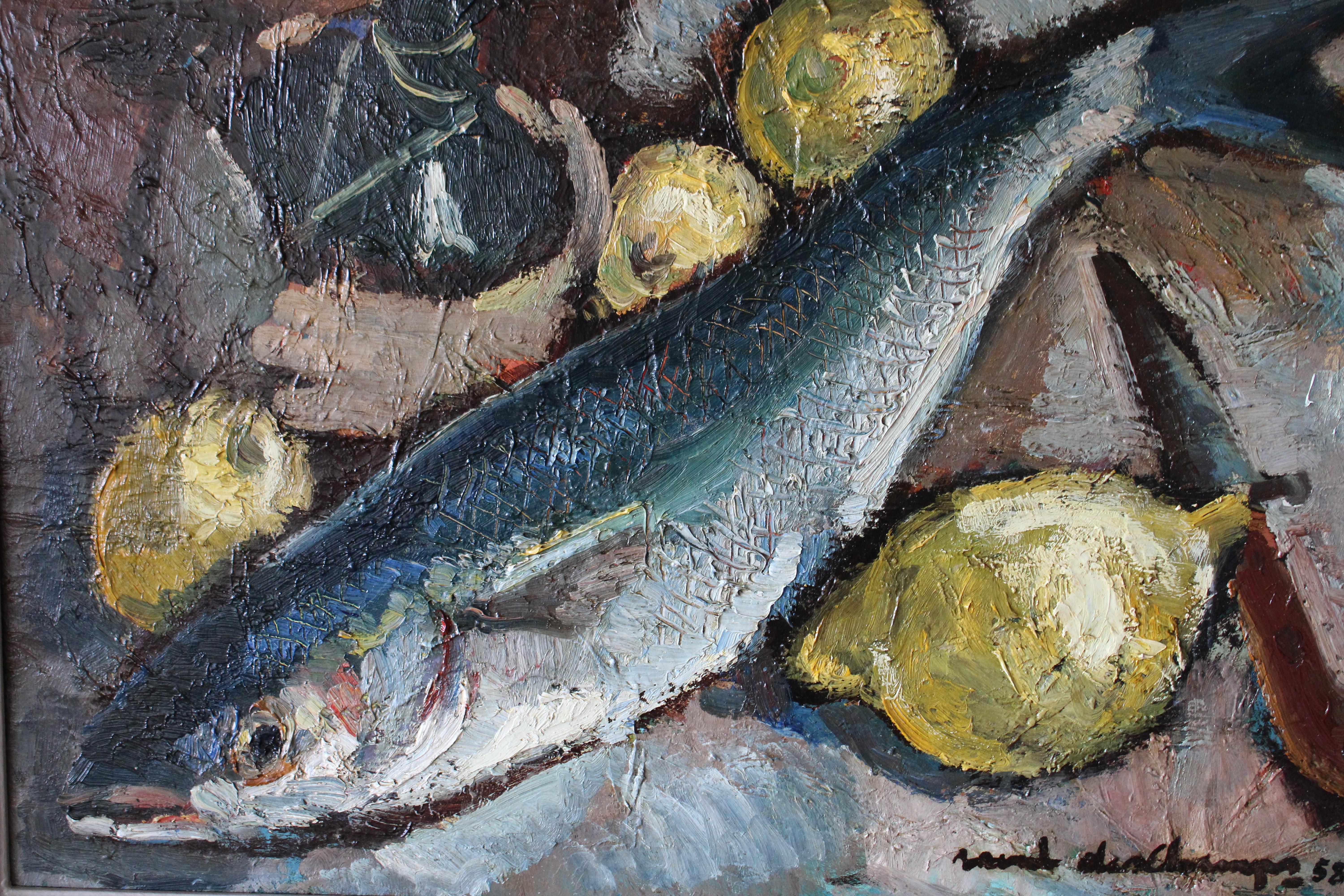 Vintage Fisch Stillleben Ölgemälde Fisch und Zitronen große Mitte des Jahrhunderts Malerei im Angebot 2