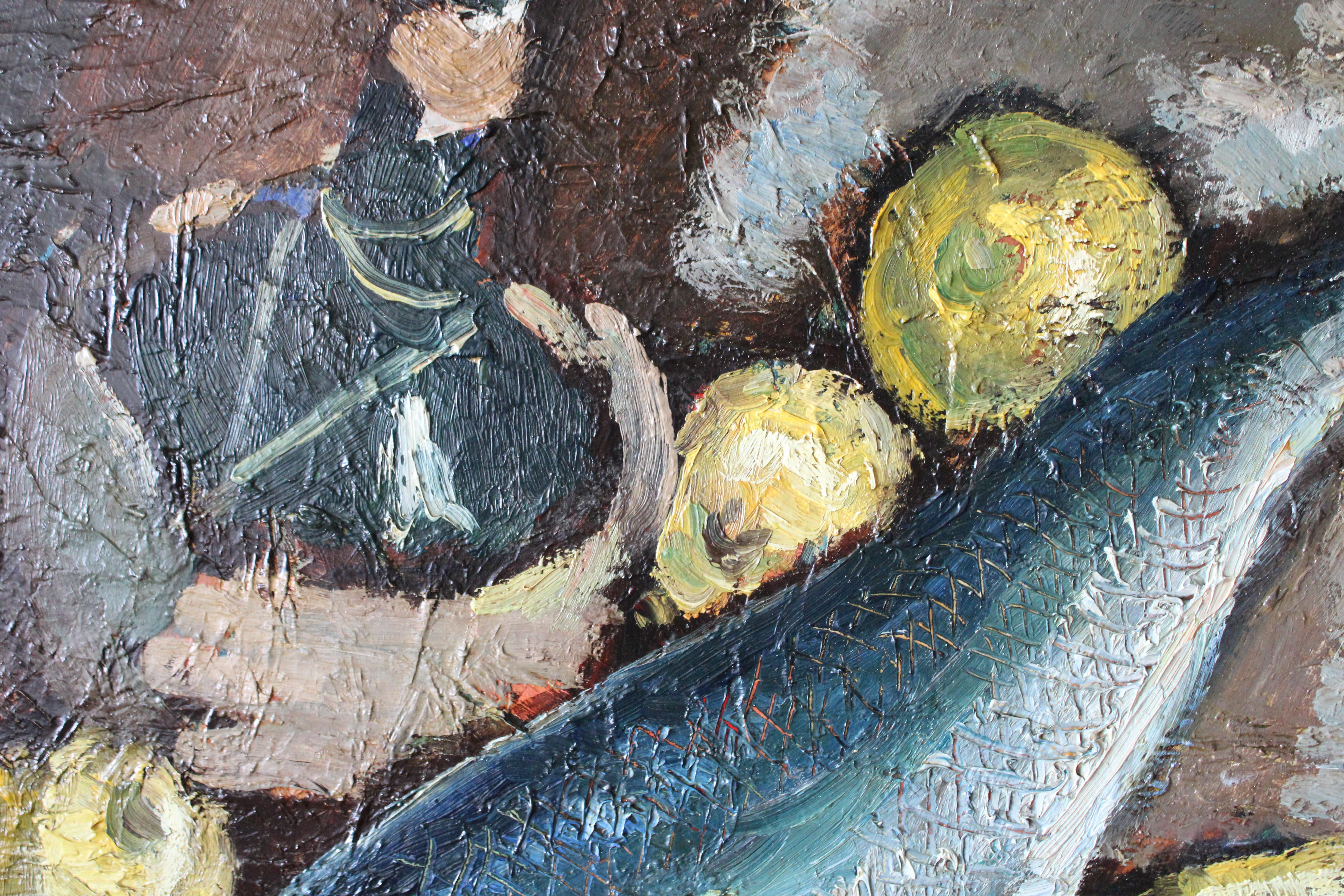 Vintage Fisch Stillleben Ölgemälde Fisch und Zitronen große Mitte des Jahrhunderts Malerei im Angebot 3