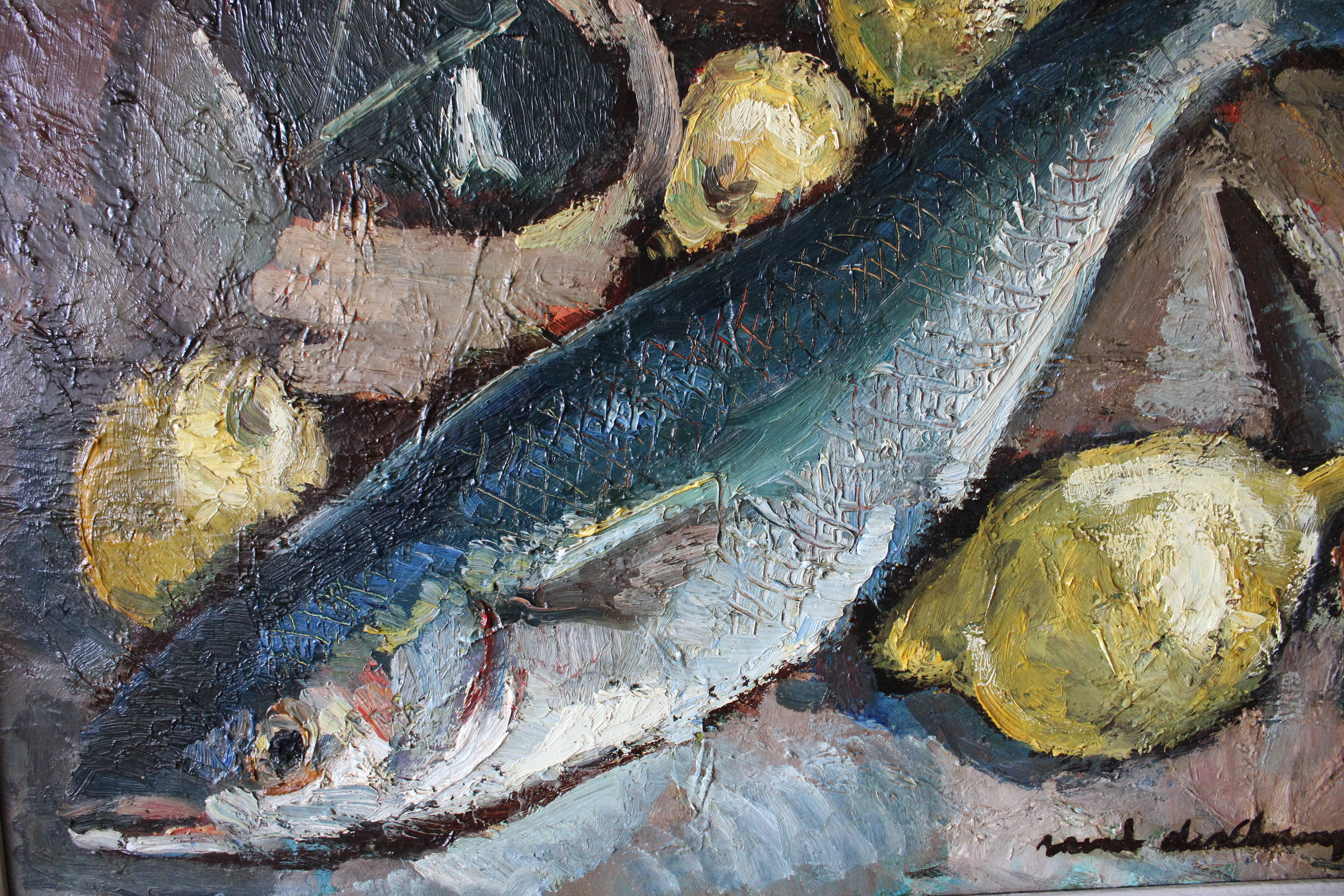 Vintage Fisch Stillleben Ölgemälde Fisch und Zitronen große Mitte des Jahrhunderts Malerei im Angebot 4