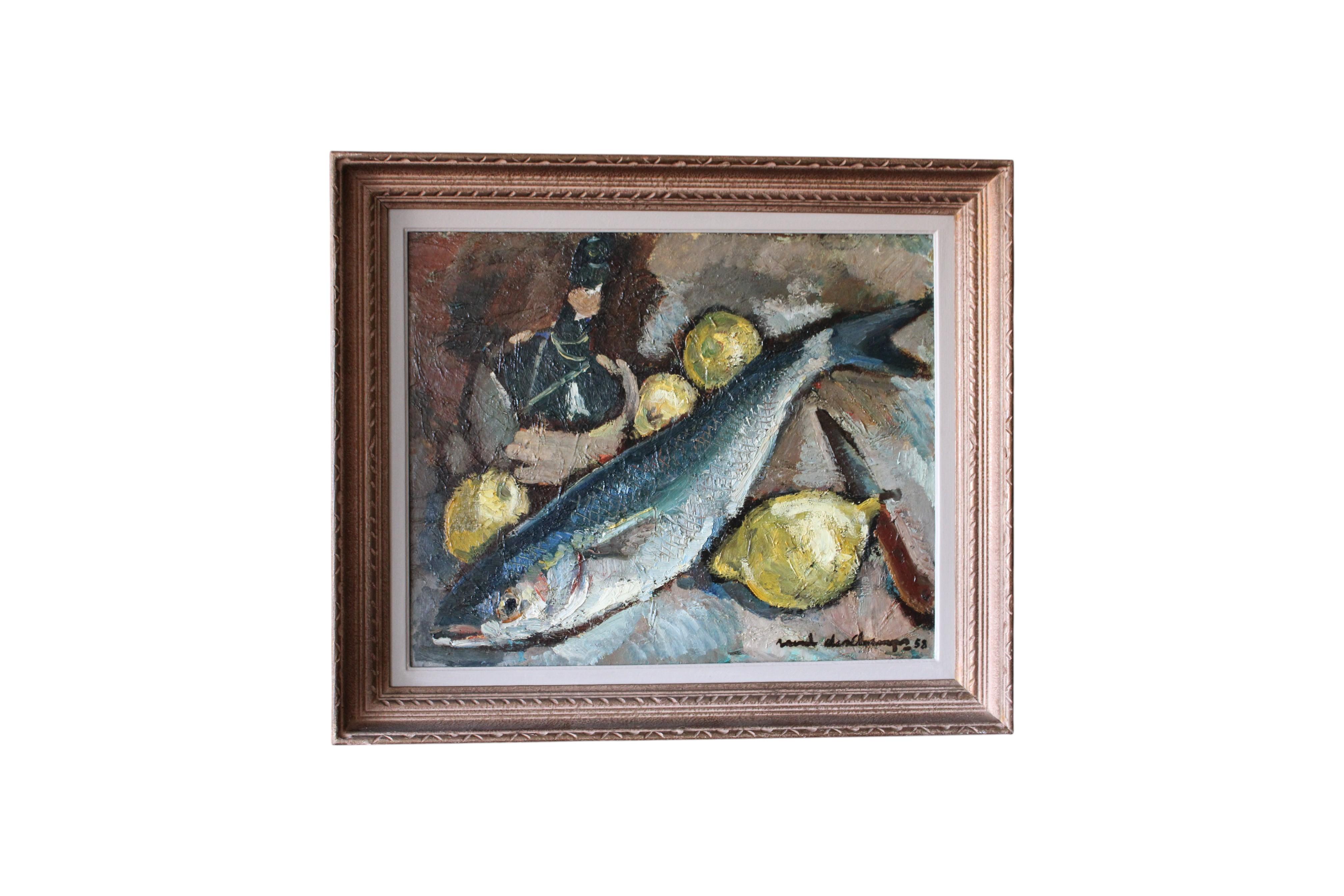 Unknown Still-Life Painting – Vintage Fisch Stillleben Ölgemälde Fisch und Zitronen große Mitte des Jahrhunderts Malerei