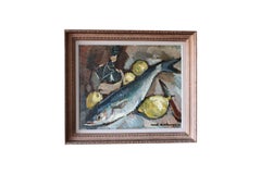 Vintage Fisch Stillleben Ölgemälde Fisch und Zitronen große Mitte des Jahrhunderts Malerei
