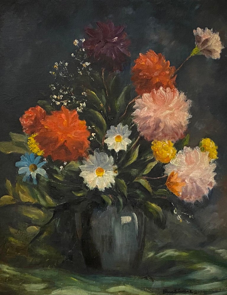 Vintage Floral Still Life Oil Painting C.1940s - Brown Still-Life Painting by Unknown