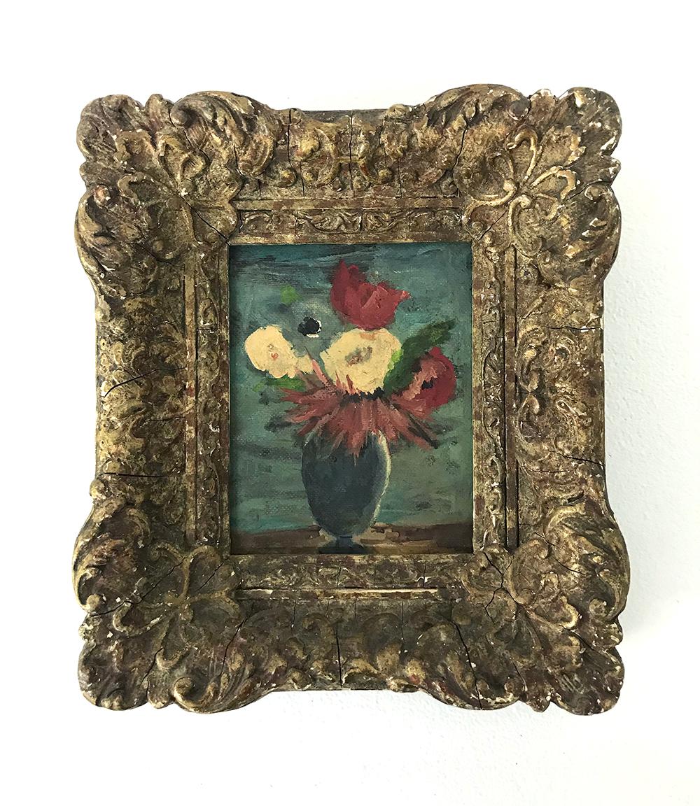 Unknown Still-Life Painting - Vintage Flower Painting with Antique Frame