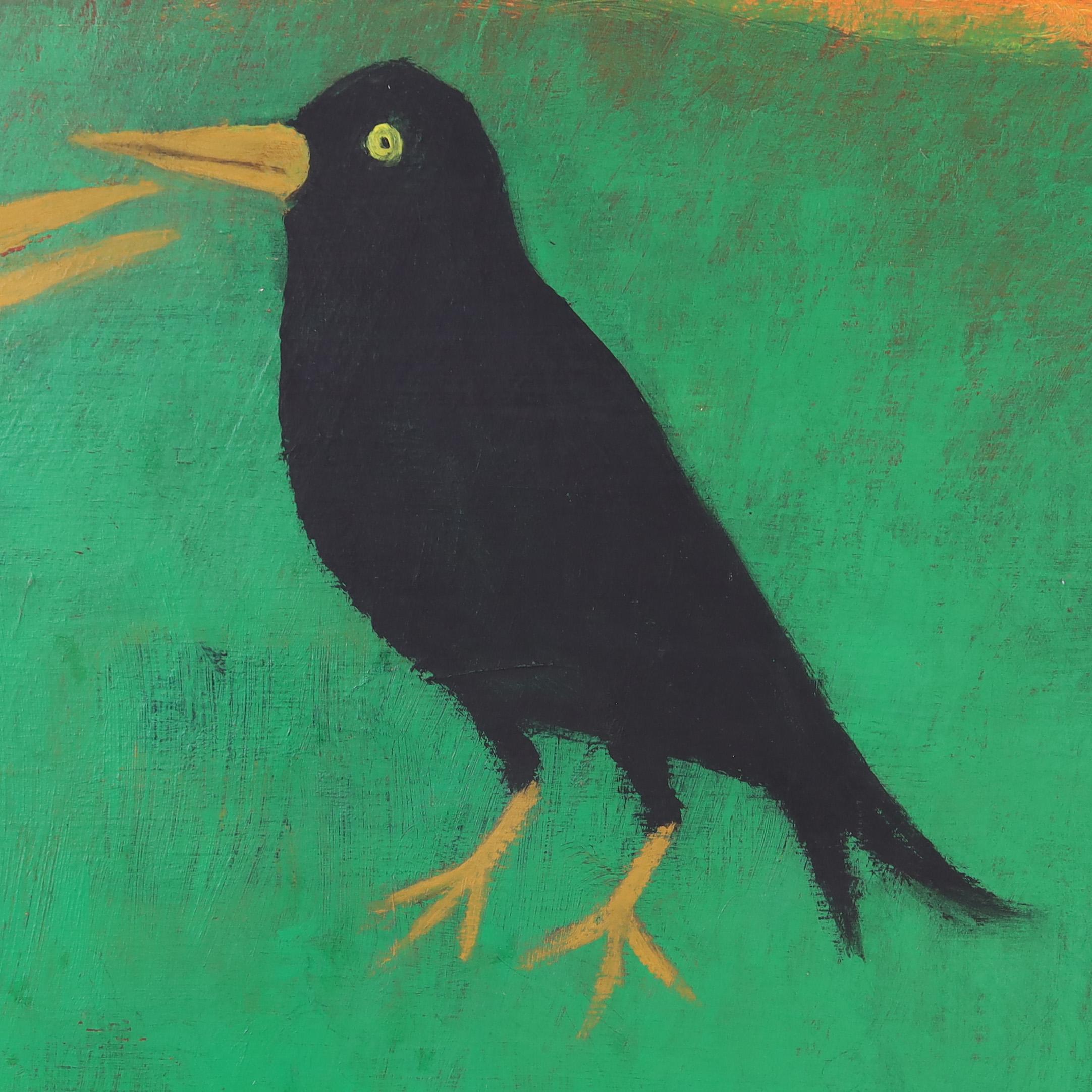Vintage Folk Art Pintura acrílica sobre tabla de dos cuervos o pájaros - Animal Painting Azul de Unknown