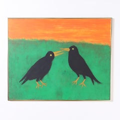 Vintage Folk Art Pintura acrílica sobre tabla de dos cuervos o pájaros