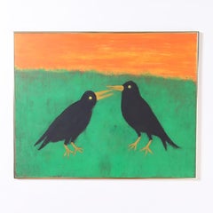 Vintage Folk Art Acrylic Painting on Board of Two Crows or Birds