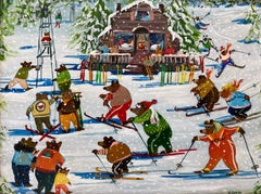 Vintage Folk Art Bears on the Slopes Original Oil Painting 20th C.