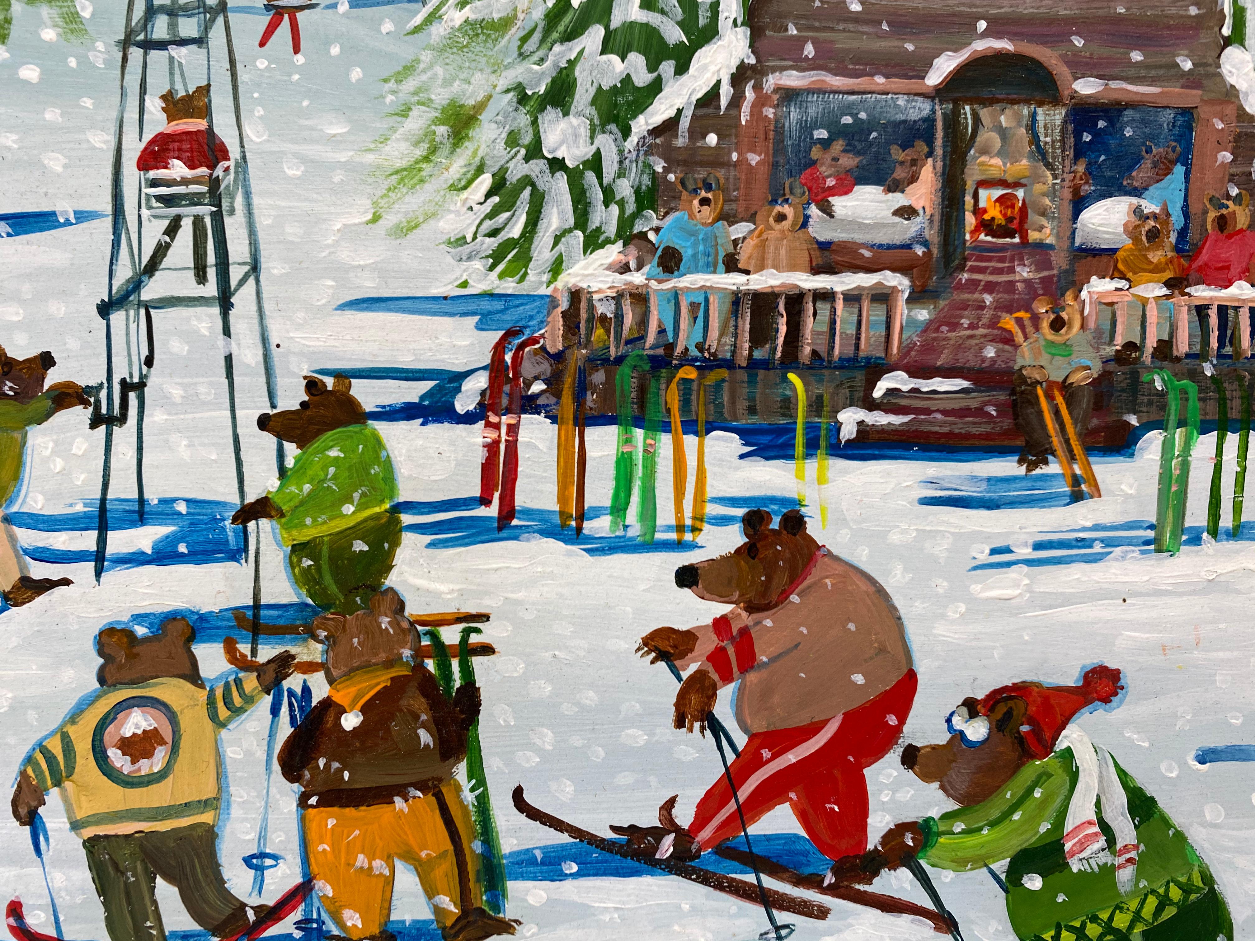 Vintage Folk Art Bears on the Slopes Original Oil Painting 20th C. 4