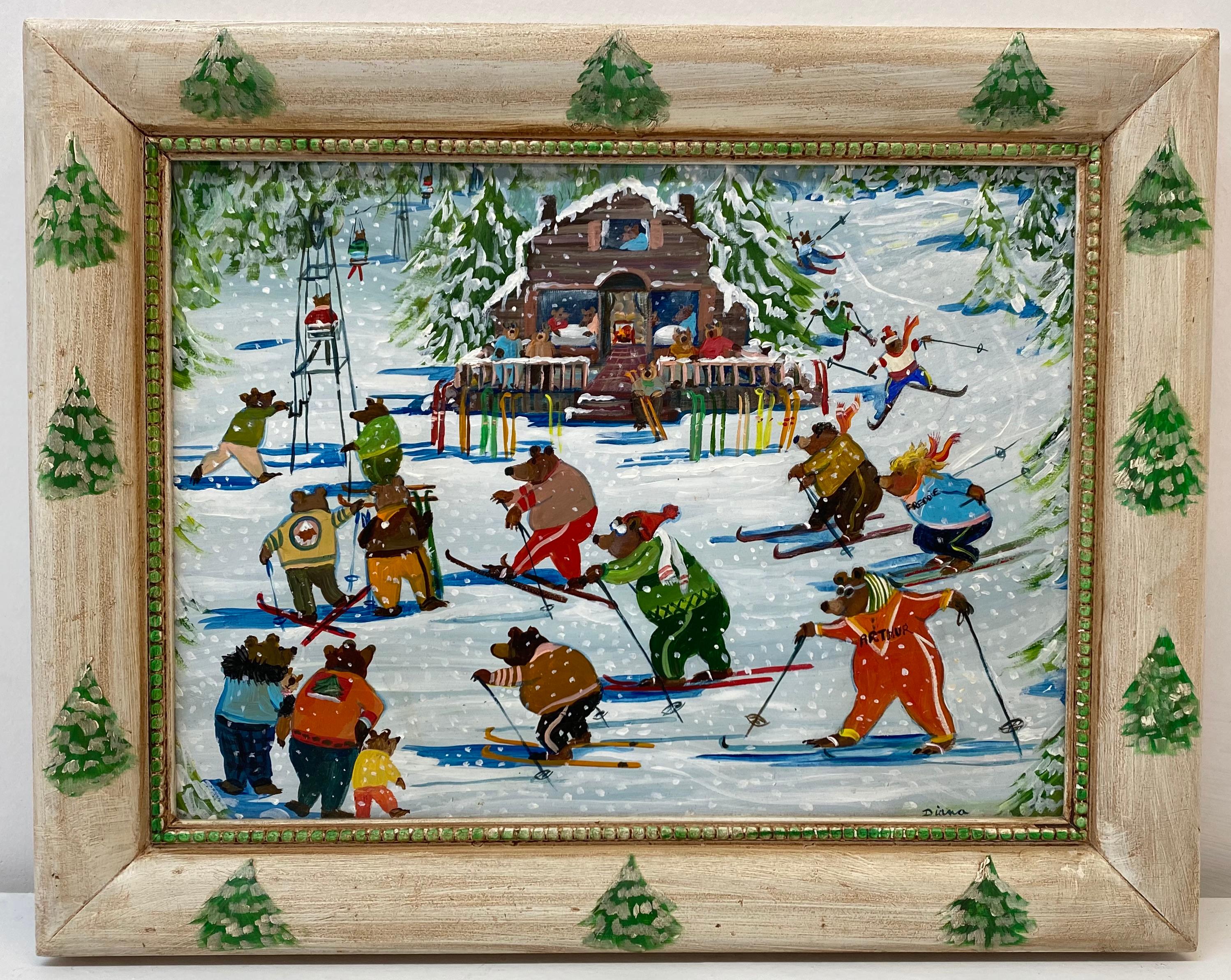 Unknown Landscape Painting - Vintage Folk Art Bears on the Slopes Original Oil Painting 20th C.