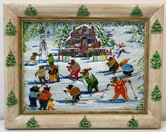 Vintage Folk Art Bears on the Slopes Original Oil Painting 20th C.
