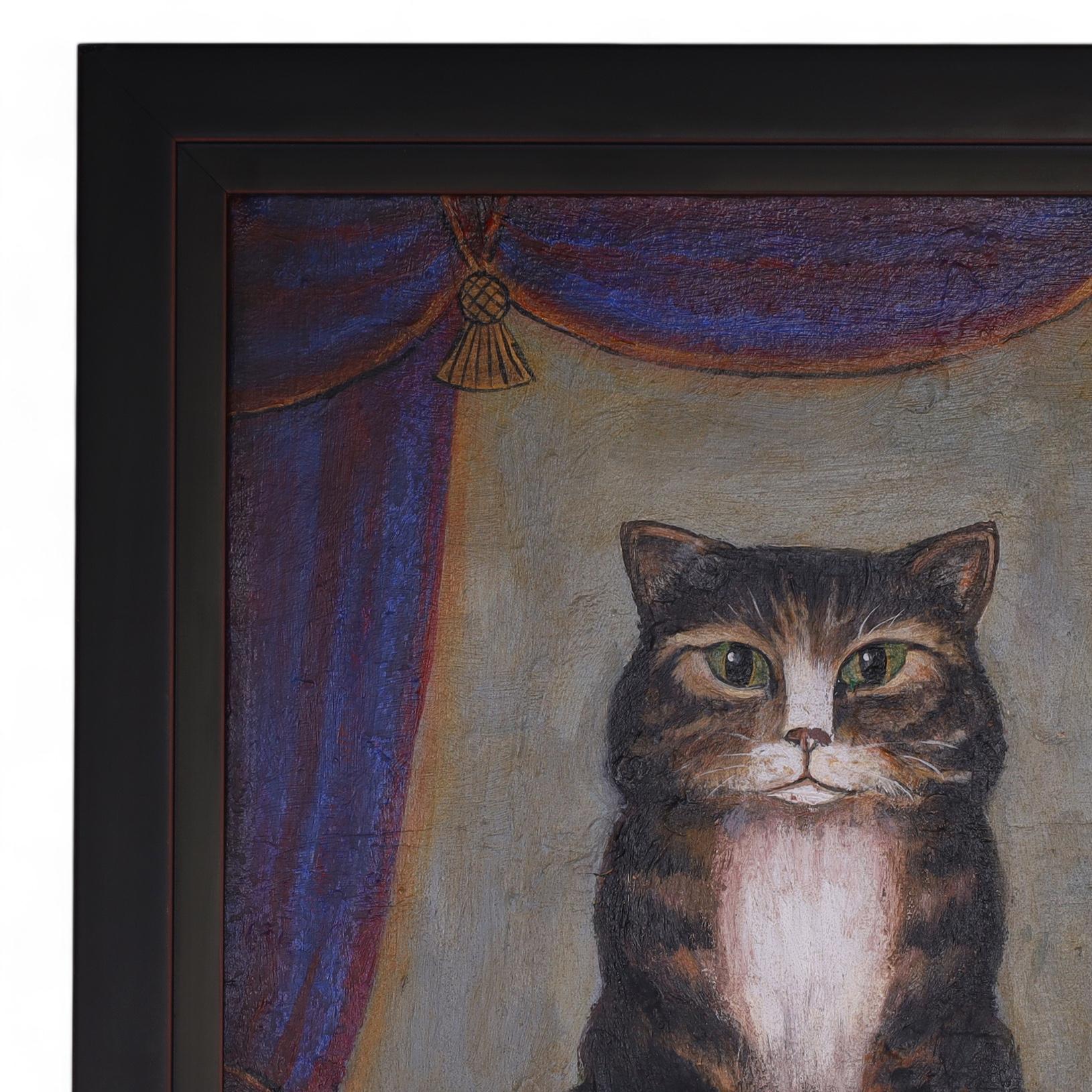 Vintage Folk Art Oil Painting of a Cat im Angebot 1
