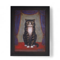 Vintage Folk Art Oil Painting of a Cat