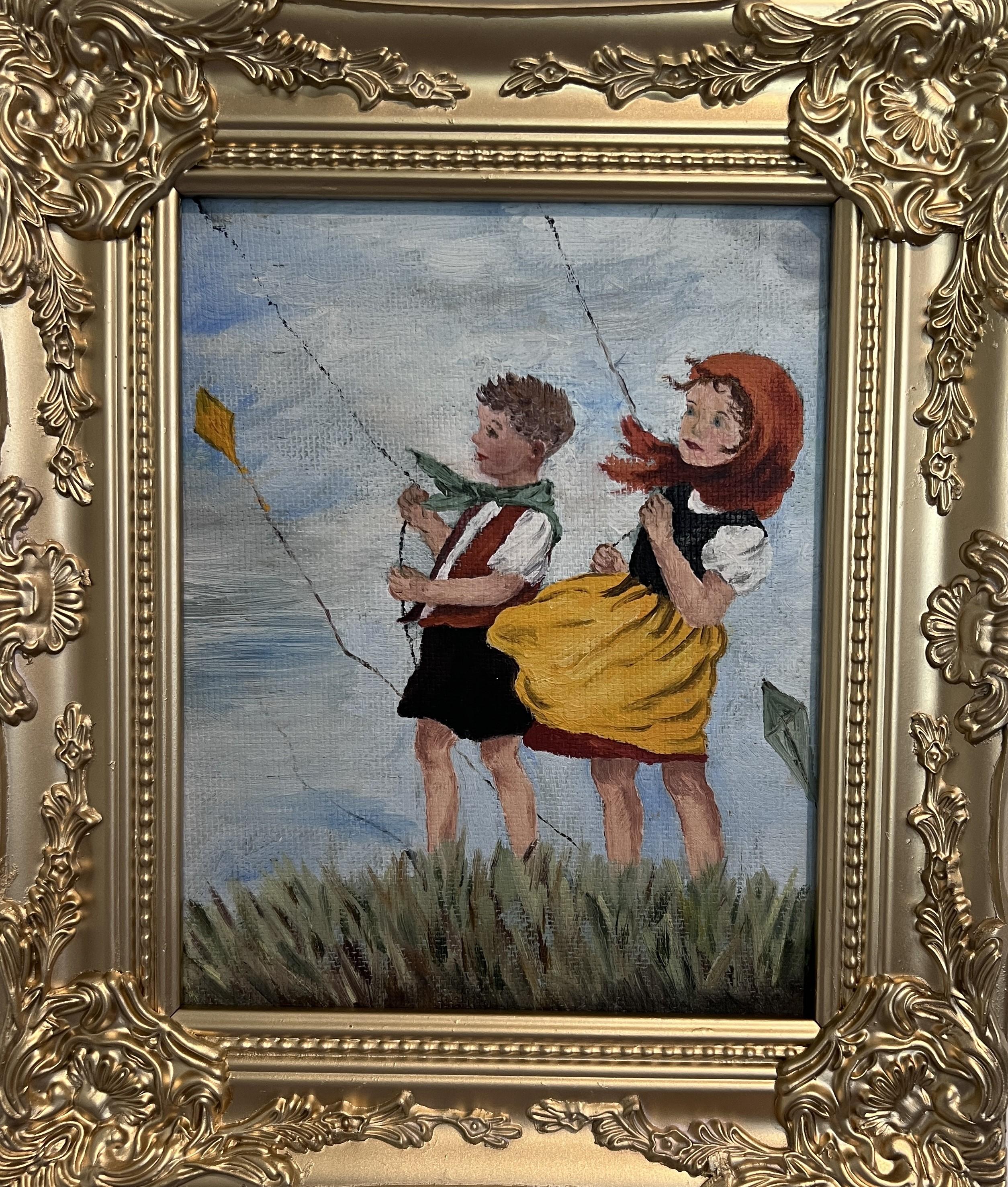 Unknown Landscape Painting - Vintage Folk Art Painting Children Flying Kites Acrylic on Board Framed