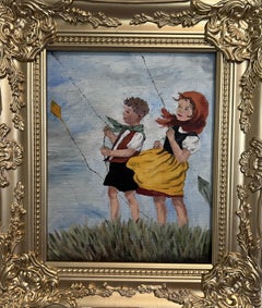 Vintage Folk Art Pittura Bambini che volano sugli aquiloni Acrilico su tavola con cornice
