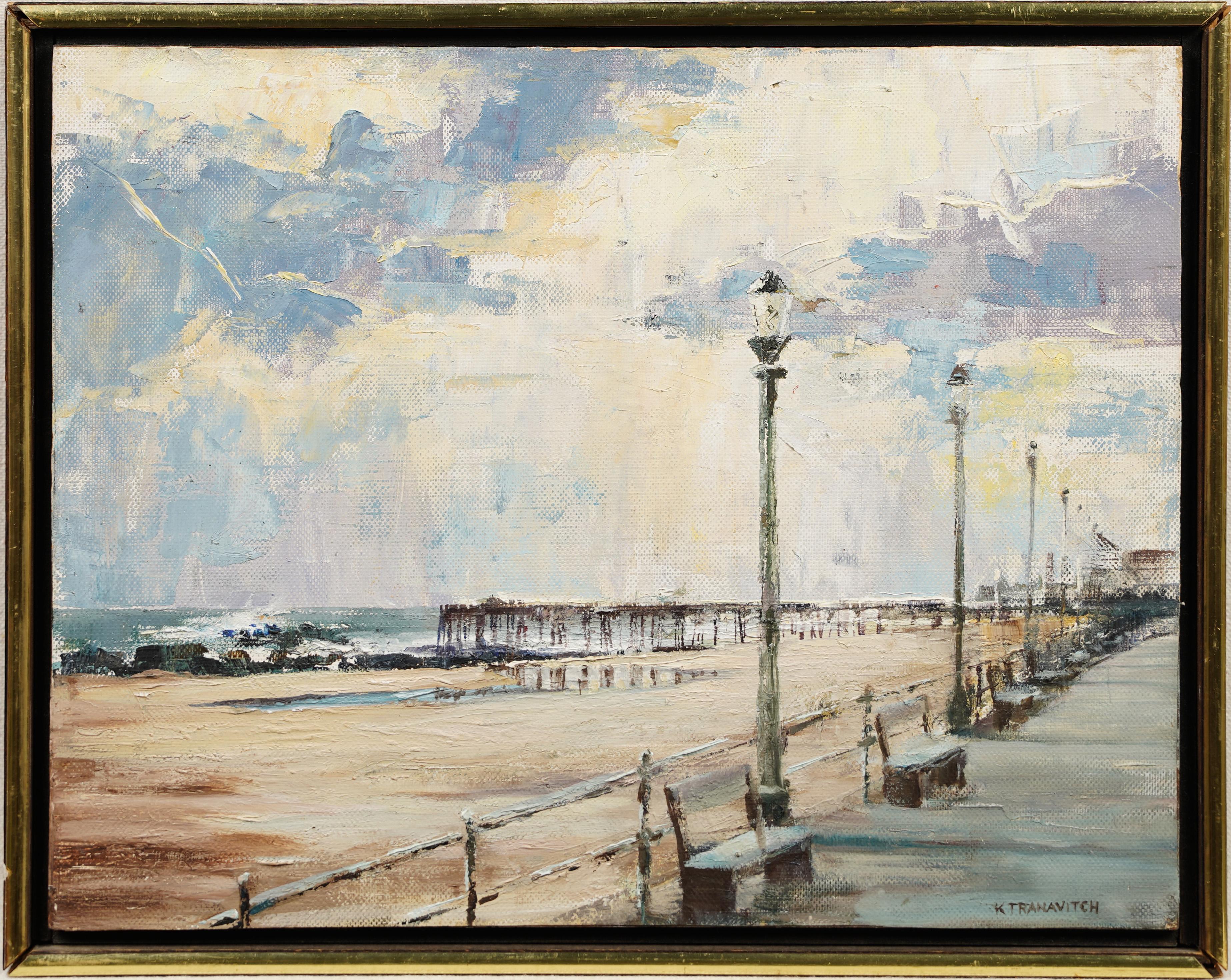 Vintage Framed American Beach Seascape Signed Original Oil Painting - Gray Landscape Painting by Unknown