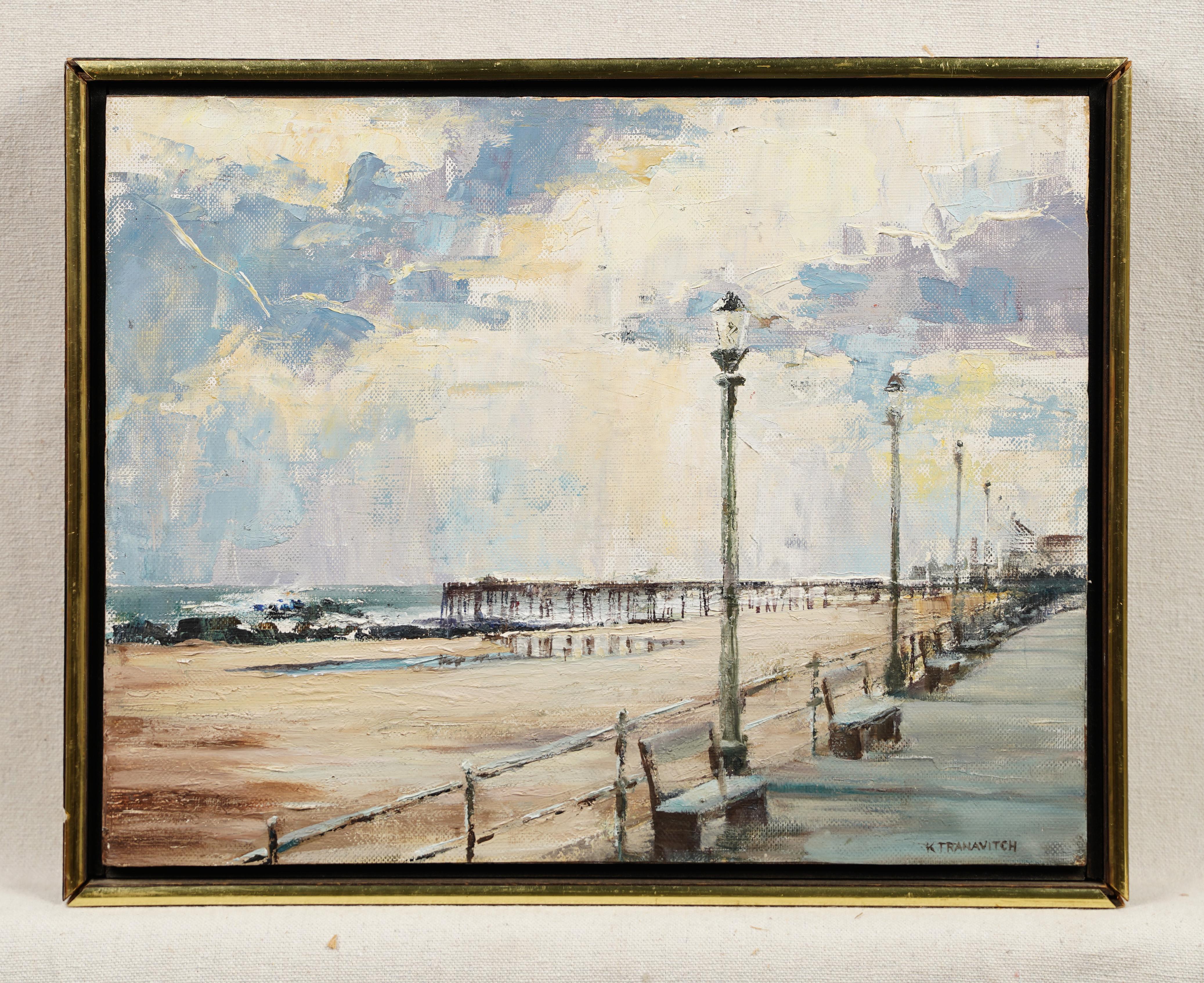 Antique American modernist signed beach scene oil painting.  Oil on canvasboard.  Signed.  Framed. 