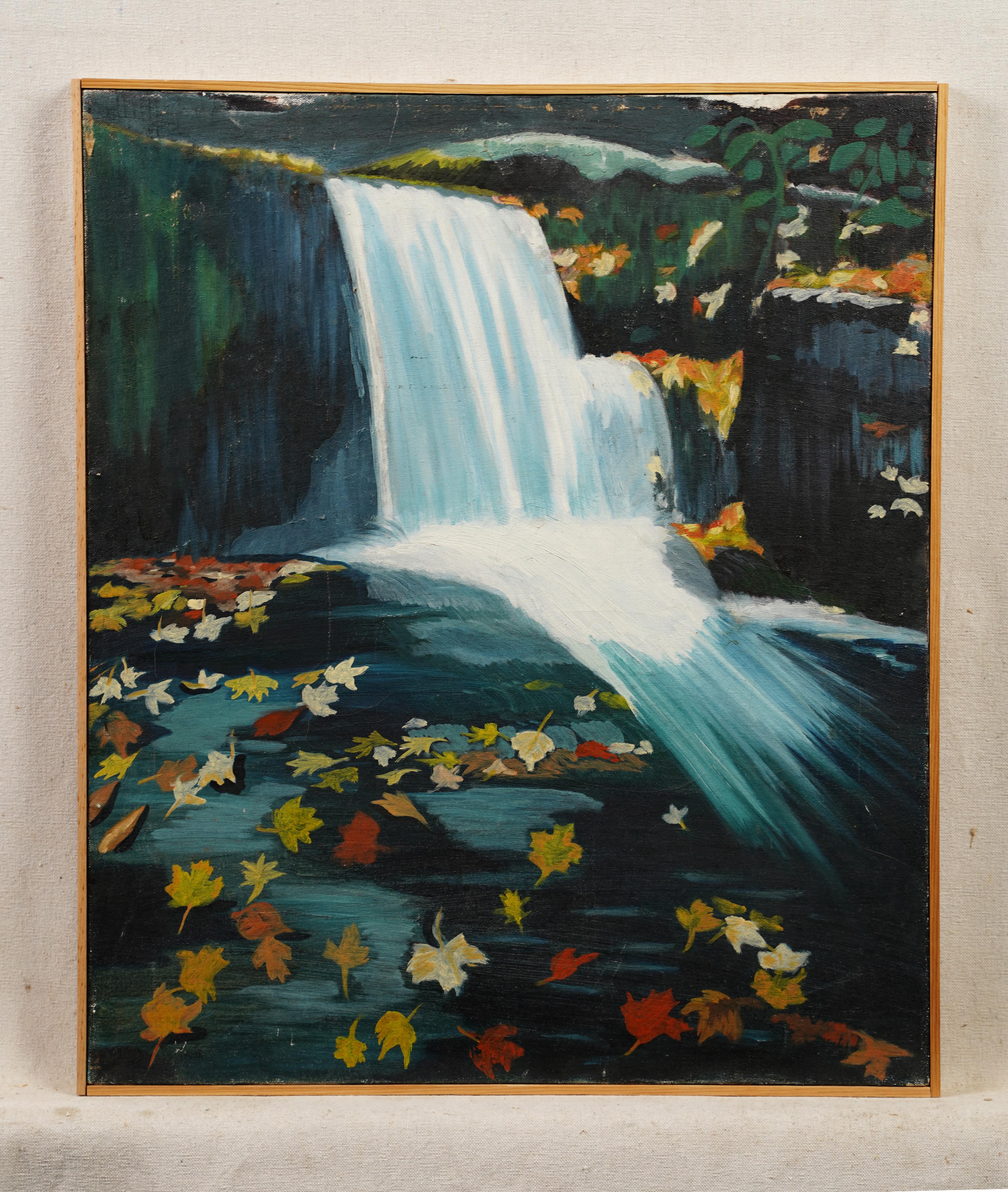 Vintage Framed Modernist Romantic Leaves Falling Waterfall Landscape Painting For Sale 1
