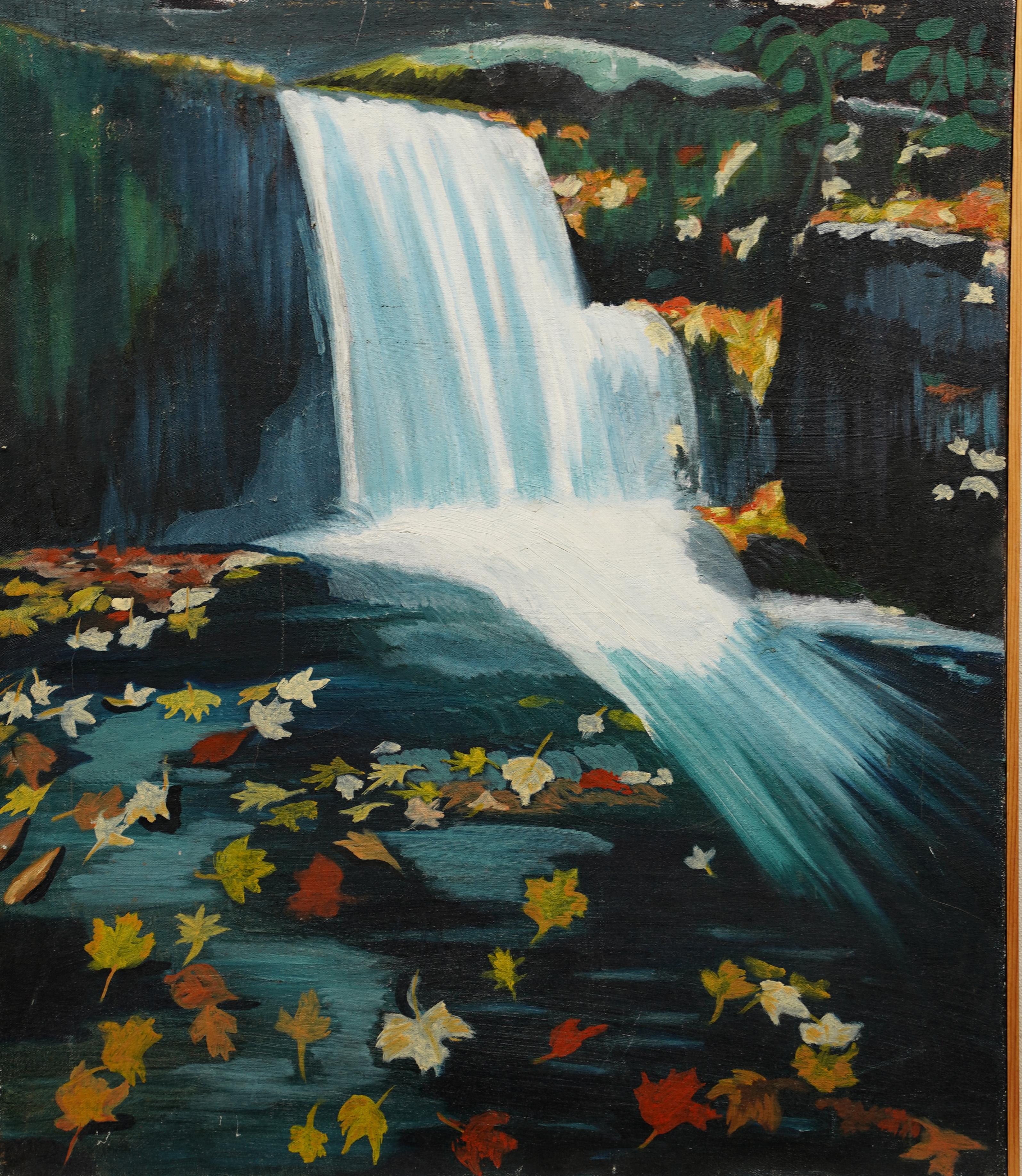 Vintage Framed Modernist Romantic Leaves Falling Waterfall Landscape Painting For Sale 3