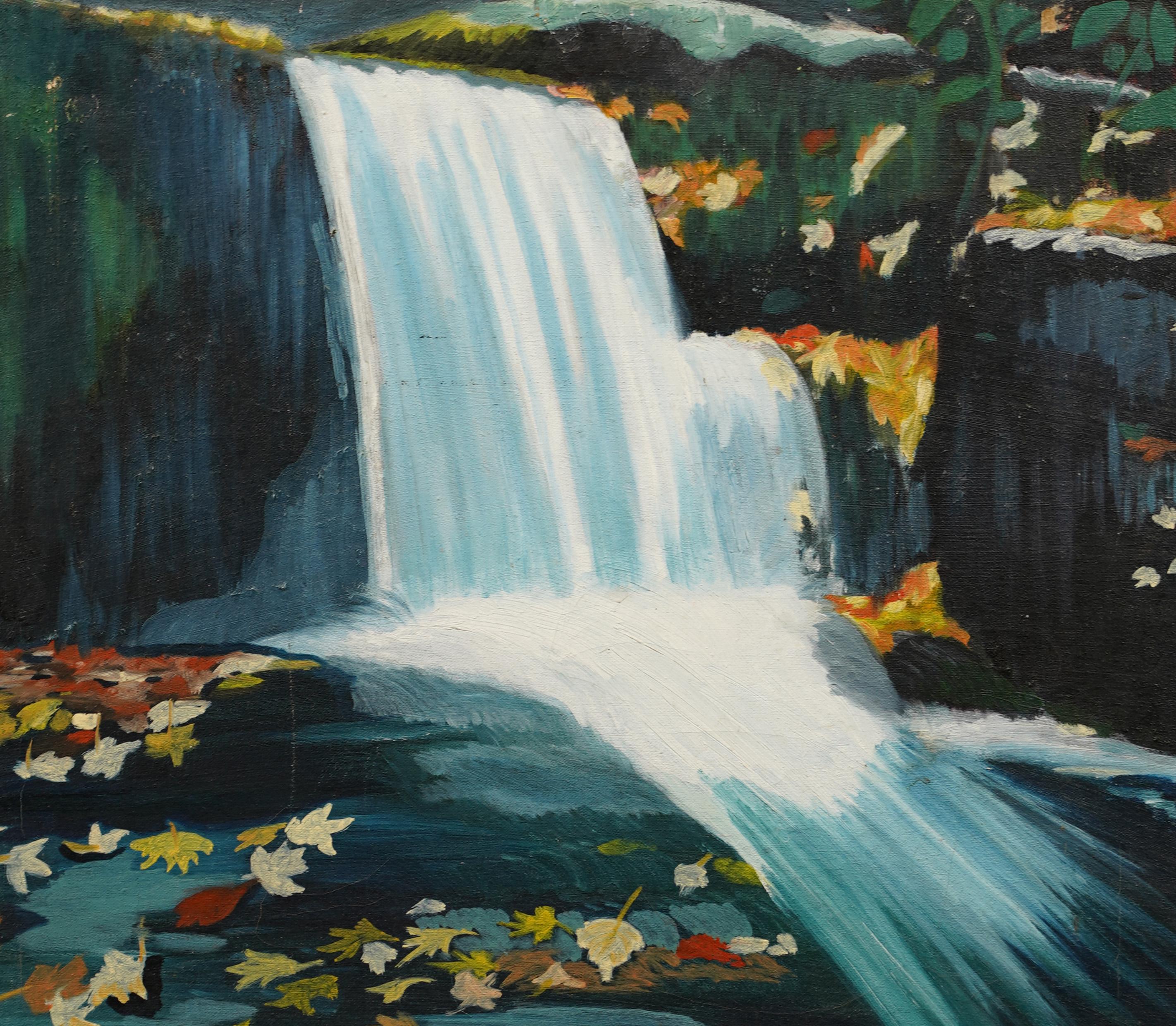 Gerahmte Modernistische romantische Blätter Herbst-Wasserfall-Landschaftsgemälde, gerahmt, Vintage im Angebot 1