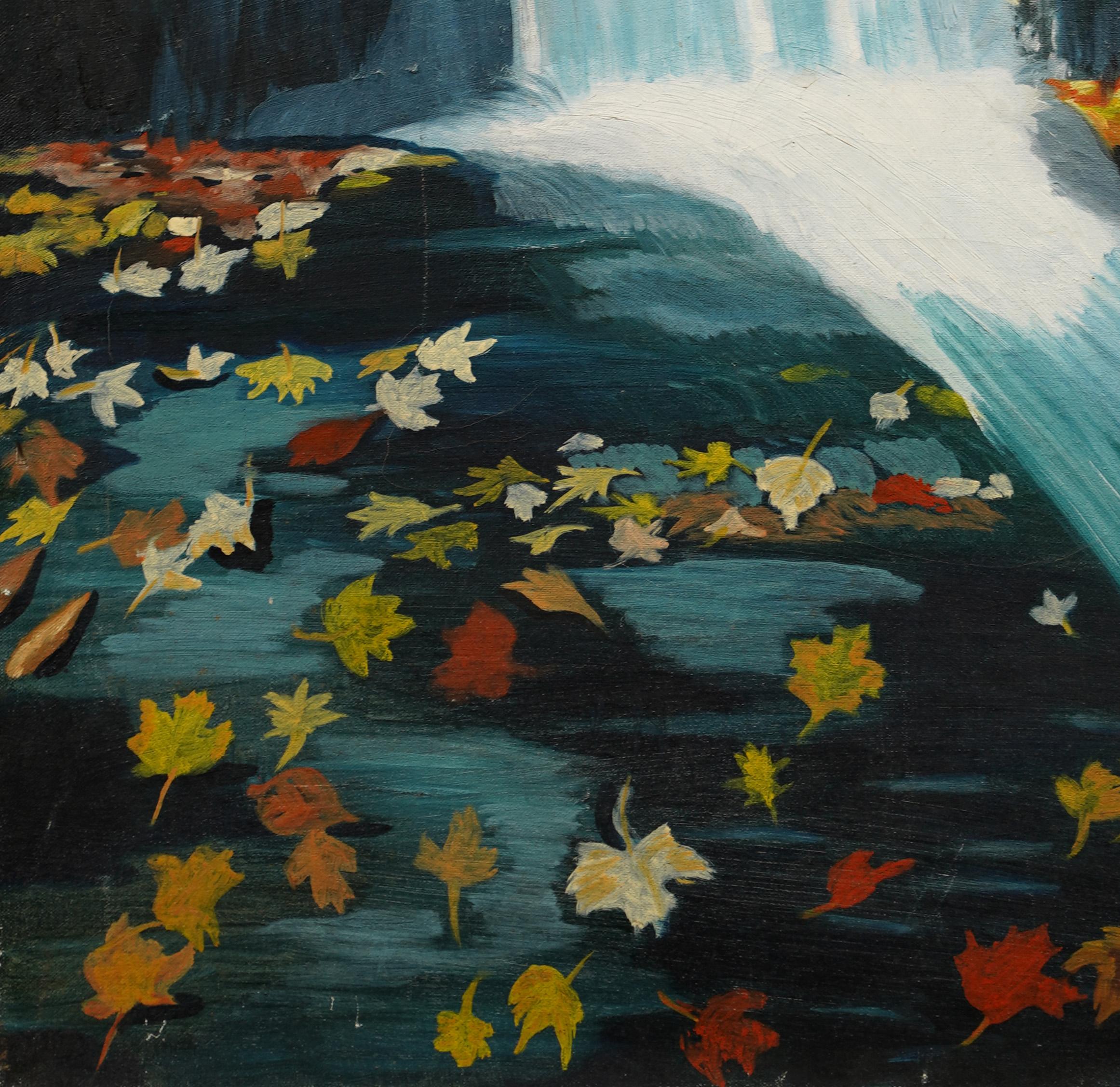 Vintage Framed Modernist Romantic Leaves Falling Waterfall Landscape Painting For Sale 5