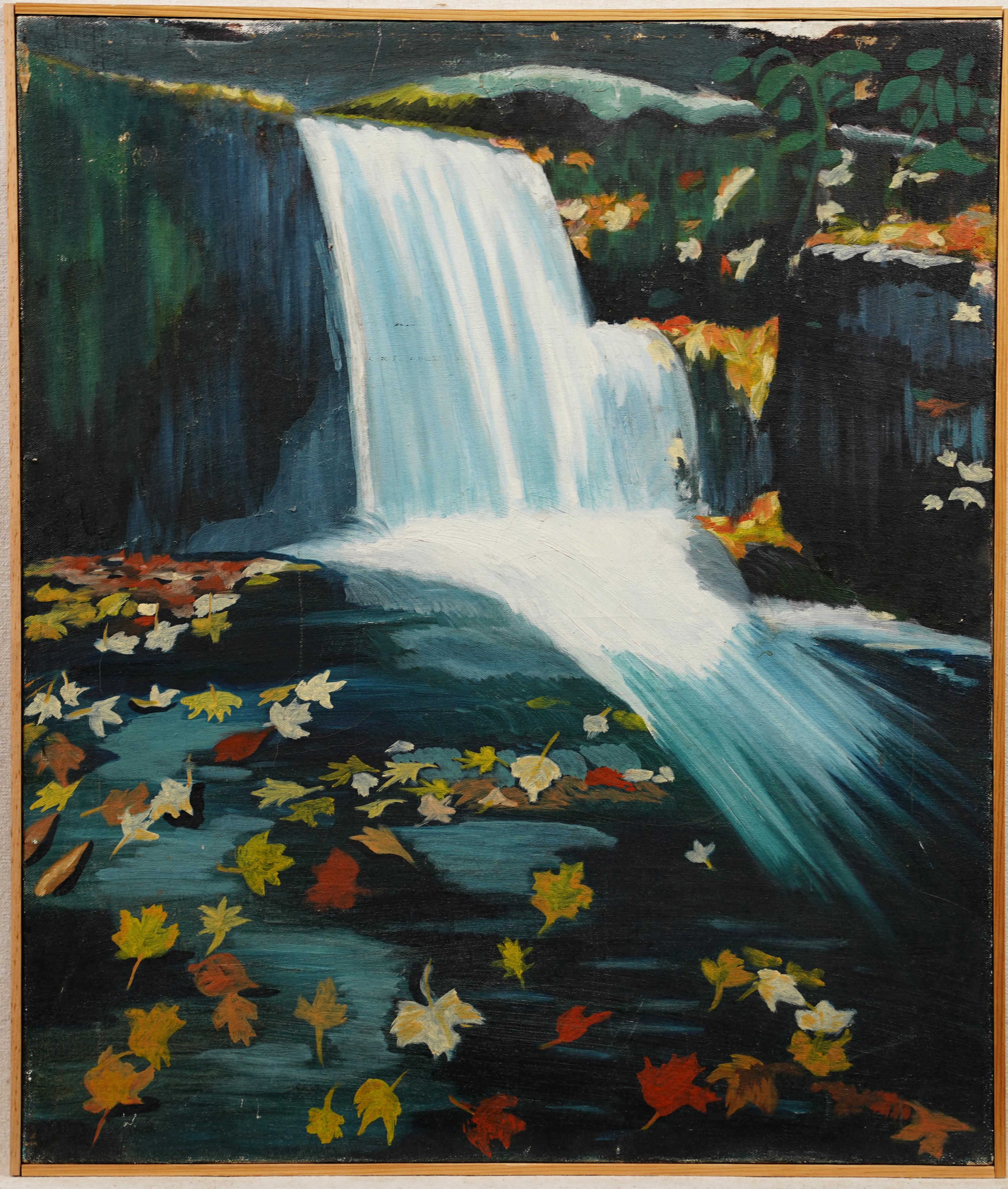 Unknown Landscape Painting – Gerahmte Modernistische romantische Blätter Herbst-Wasserfall-Landschaftsgemälde, gerahmt, Vintage