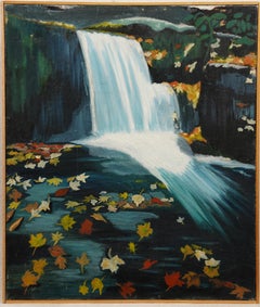 Vintage Framed Modernist Romantic Leaves Falling Waterfall Landscape Painting