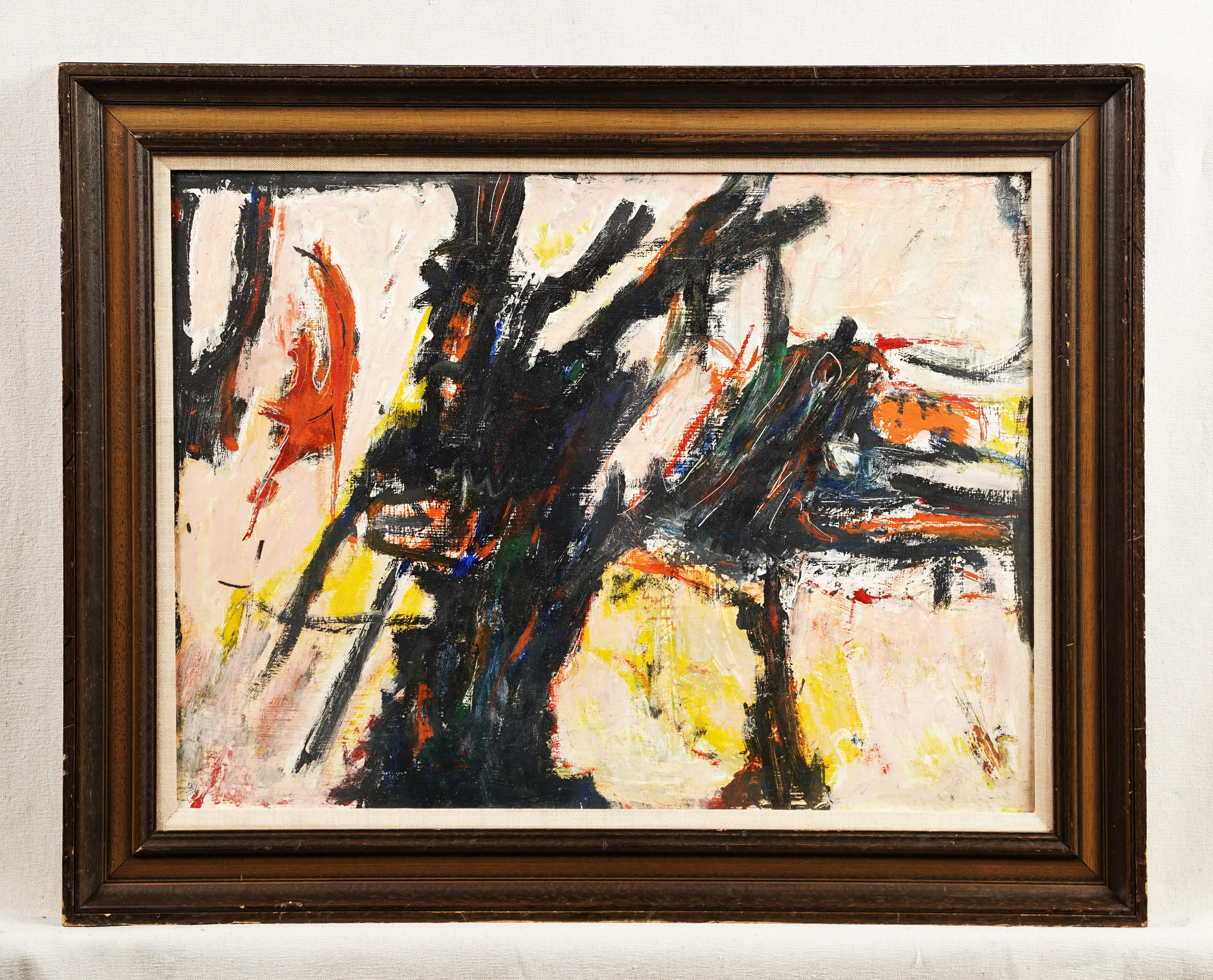 Antique American signed abstract expressionist oil painting.  Oil on board.  Signed.  Framed.  Image size, 24L x 18H.  Circa 1960.  This painting has a nice period frame and stong colors.  It's a very nice period example of abstract expressionist. 